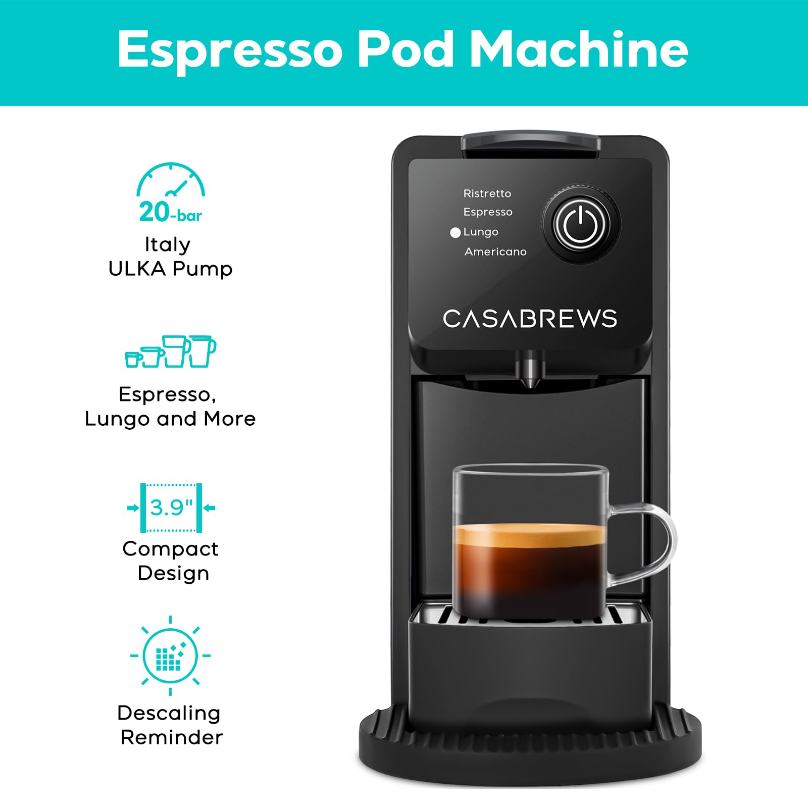 CASABREWS CM7036E Single Serve Espresso Machine for Nespresso Original Pods & K-Cups, 20 Bar Pressure Compact Coffee Maker with 4 Brewing Modes, 21oz Removable Water Tank - Perfect for Home, Office, Dorm or Small Spaces (Black)