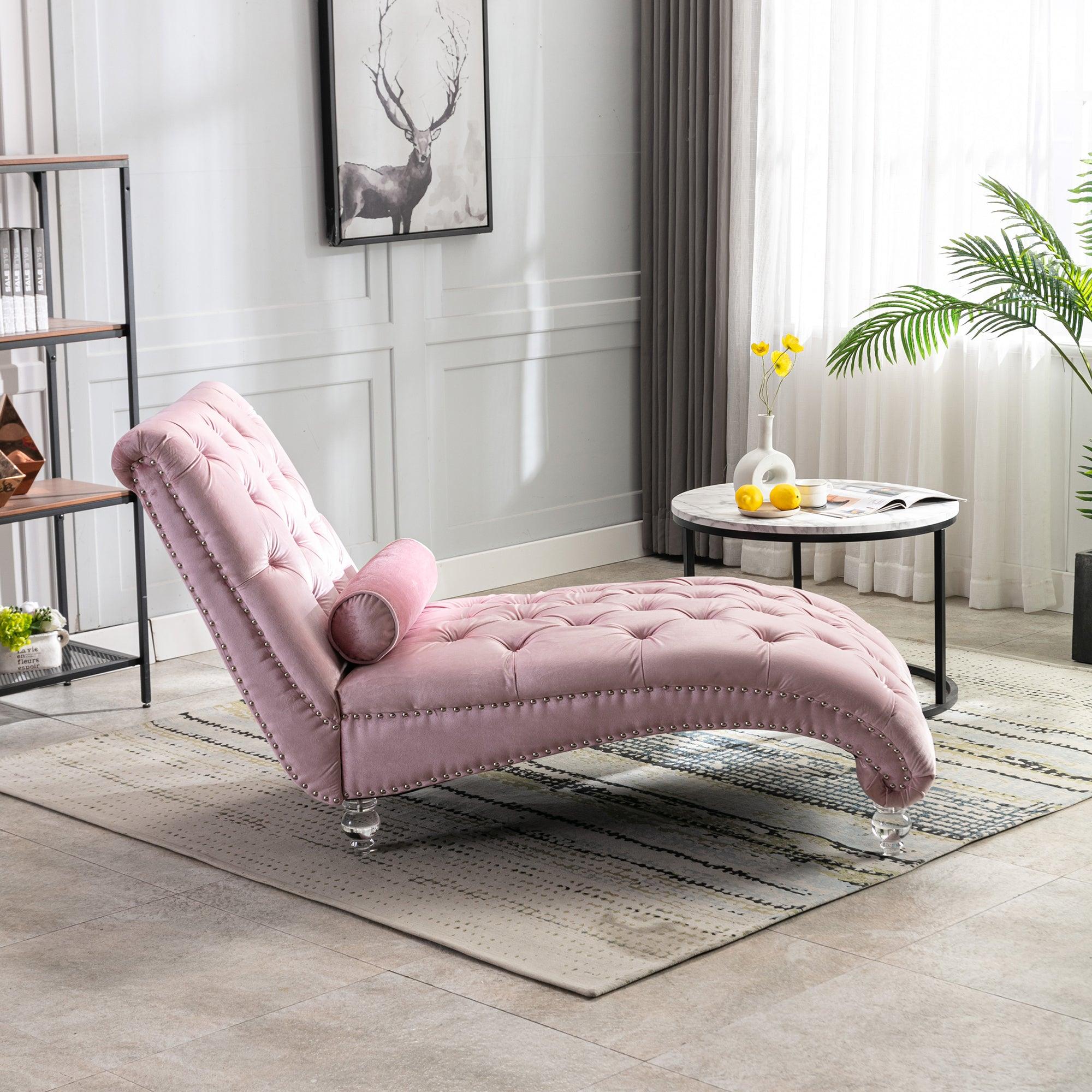 Luxury Velvet Chaise Lounge Chair - Button Tufted Upholstered Sofa with Pillow for Bedroom, Living Room & Office - Pink Velvet Chaise Lounge - Perfect for Reading Nook, Home Decor & Relaxation