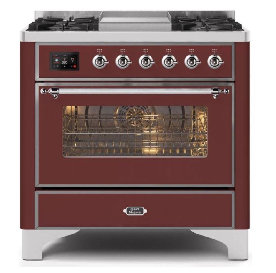 ILVE 36 Inch Majestic II Series Dual Fuel Natural Gas Range - 6 Burners with Griddle, 3.5 cu.ft Oven Capacity, TFT Display (UM09FDNS3) - Perfect for Home Kitchens & Professional Chefs