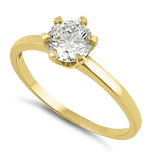 14K Yellow Gold Round 6mm Cubic Zirconia (CZ) Ring for Women - Elegant Clear Stone Engagement, Wedding, Anniversary Jewelry Gift