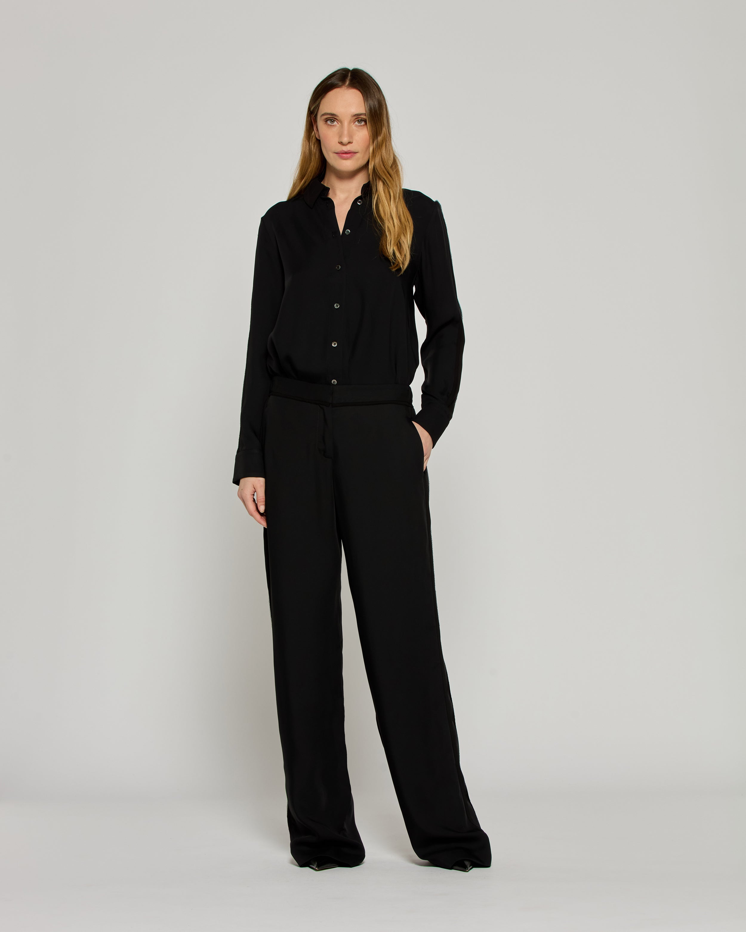 Elegant Tailored Women's Trousers with Georgette Trim - Black | Formal Office Pants for Professional Women | Perfect for Business Meetings & Work Attire
