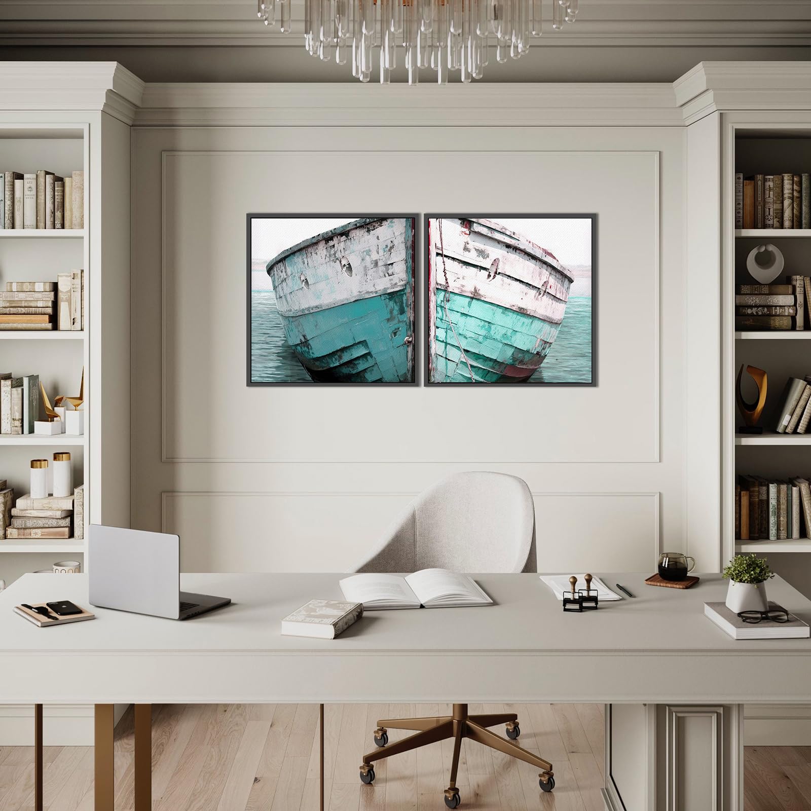 Nautical Wall Art Decor - Rustic Beach Themed Canvas Prints for Bathroom & Living Room - Navy Landscape Pictures on Stretched Canvas (Unframed) - Perfect for Coastal, Farmhouse & Beach House Decor