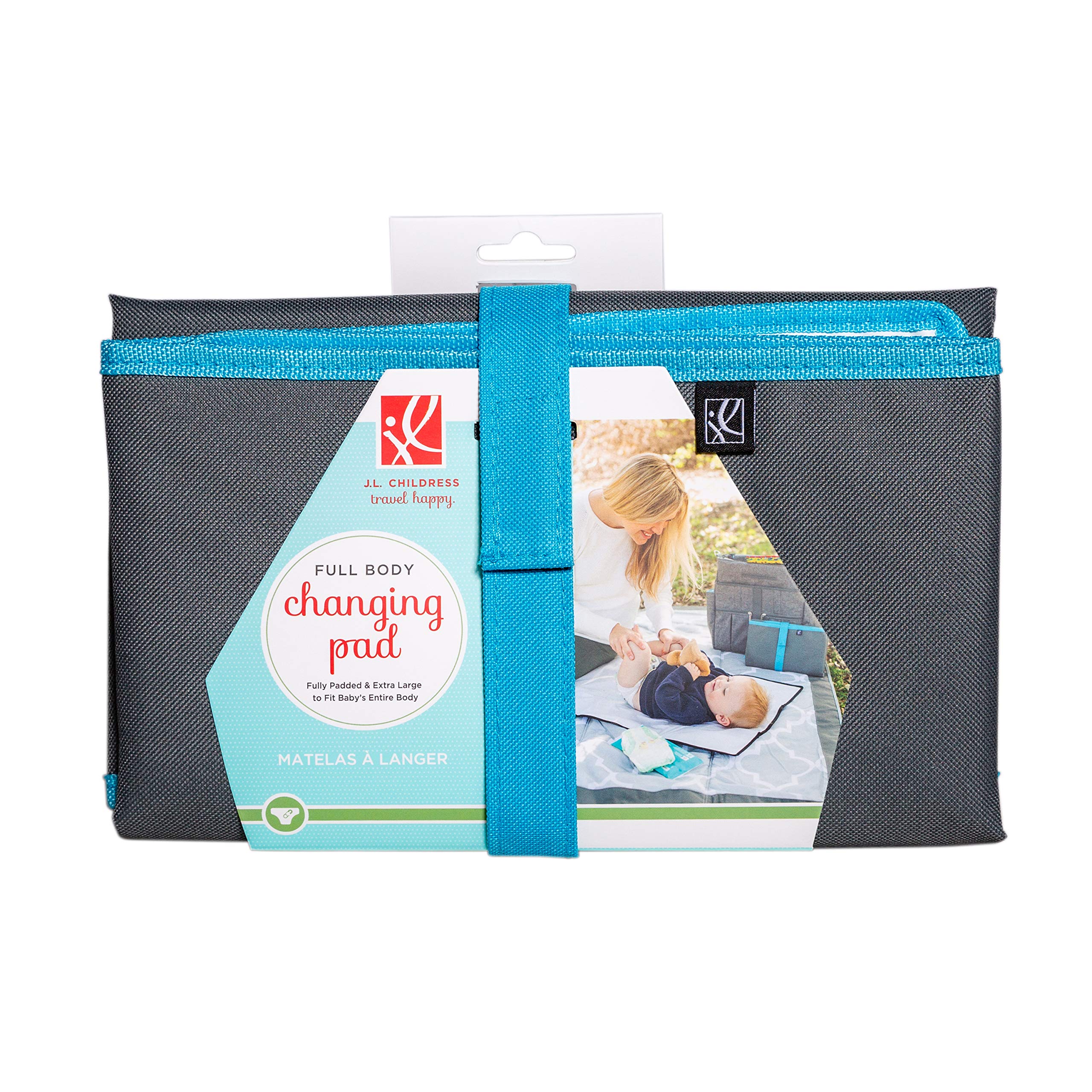 J.L. Childress Full Body Baby Changing Pad - Waterproof & Portable Diaper Changing Mat for Nursery, Travel & On-the-Go - Soft Grey & Teal Design for Comfort & Style