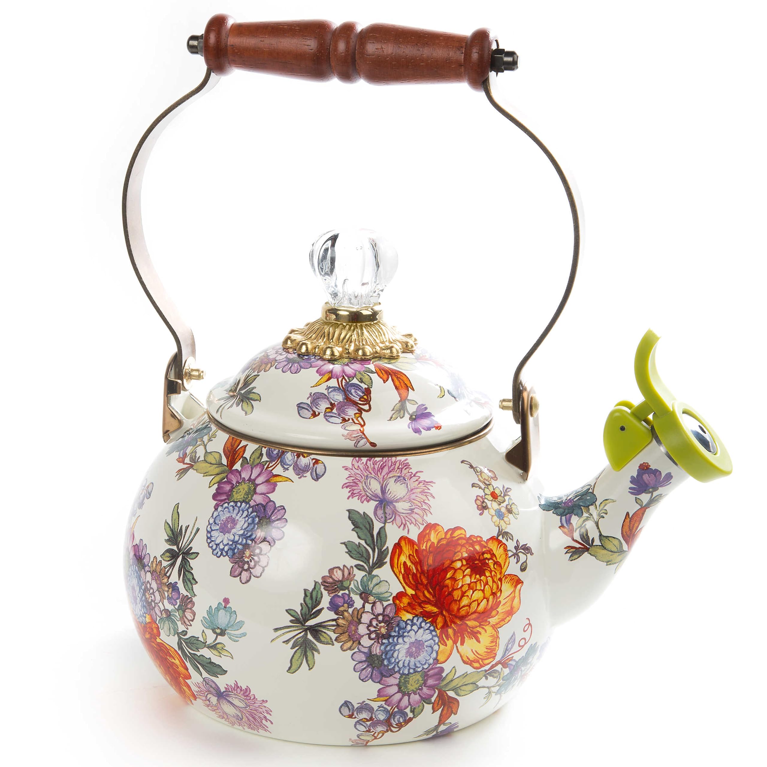 MACKENZIE-CHILDS Enamel Whistling Tea Kettle - Vintage Style Stovetop Teapot with Floral Design, White Flower Market Pattern - Perfect for Kitchen Decor, Afternoon Tea & Gift Giving