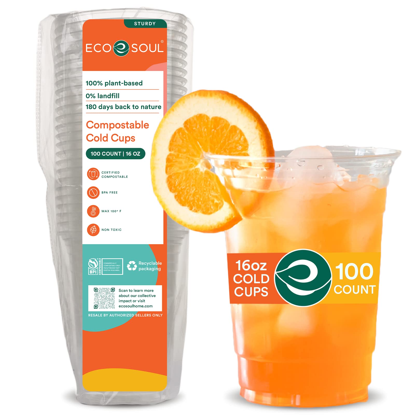 ECO SOUL 100% Compostable Disposable Party Cups - 16oz Eco-Friendly Cold Drink Cups (100 Count) | Biodegradable Compostable Cups for Parties, Picnics, BBQs & Outdoor Events