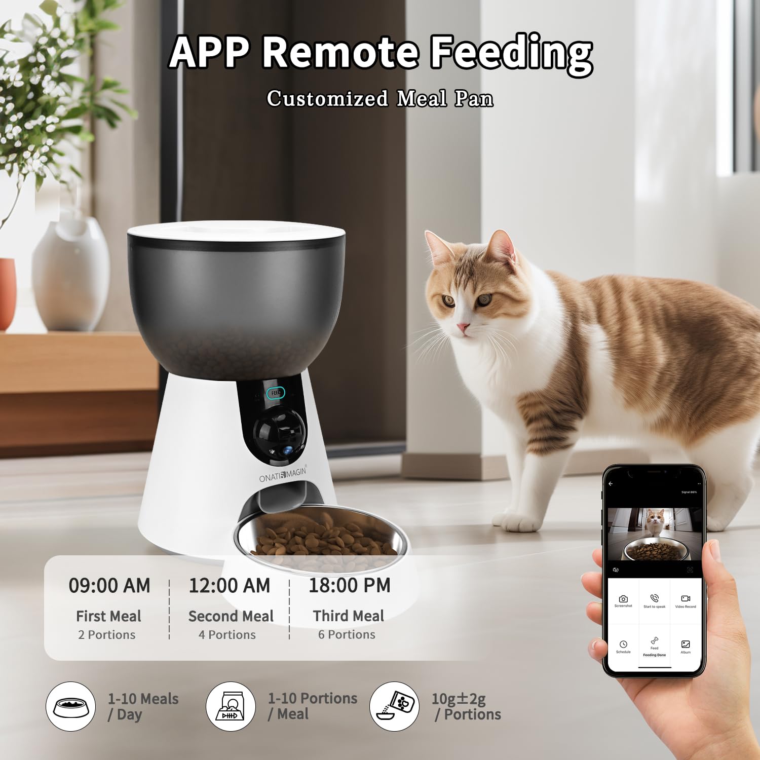 ONATISMAGIN 4L Smart Automatic Cat Feeder with Camera - 1080P HD Video, Night Vision & Two-Way Audio - App Controlled Pet Food Dispenser with Stainless Steel Bowl - Perfect for Cats & Dogs - Ideal for Travel, Work, or Busy Pet Owners