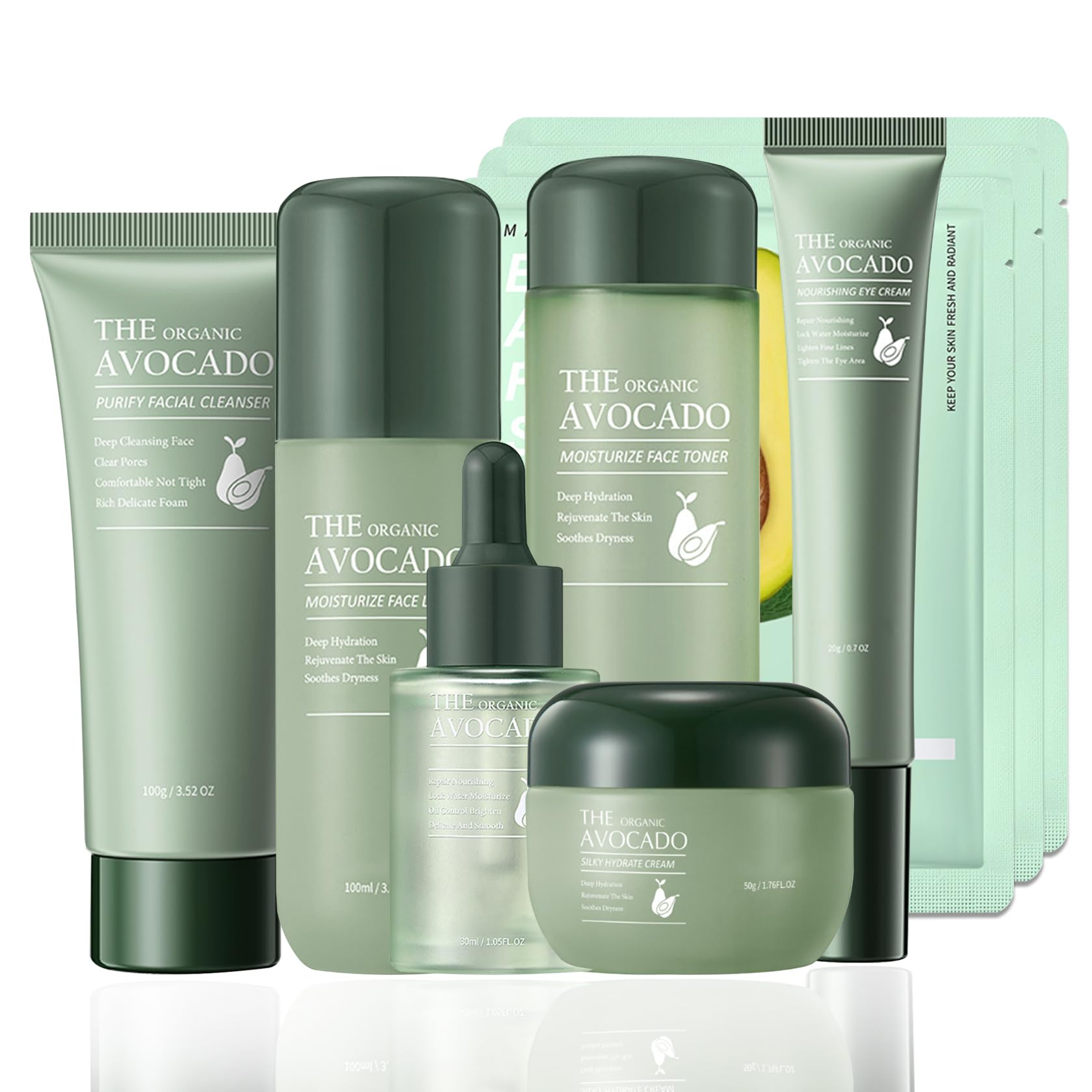 Organic Avocado Skincare Set - 9PCS Facial Kit with Cleanser, Toner, Eye Cream, Serum, Moisturizer & 3 Sheet Masks | Hydrating & Anti-Aging Routine for Dry & Sensitive Skin | Perfect for Travel, Daily Care & Spa Night