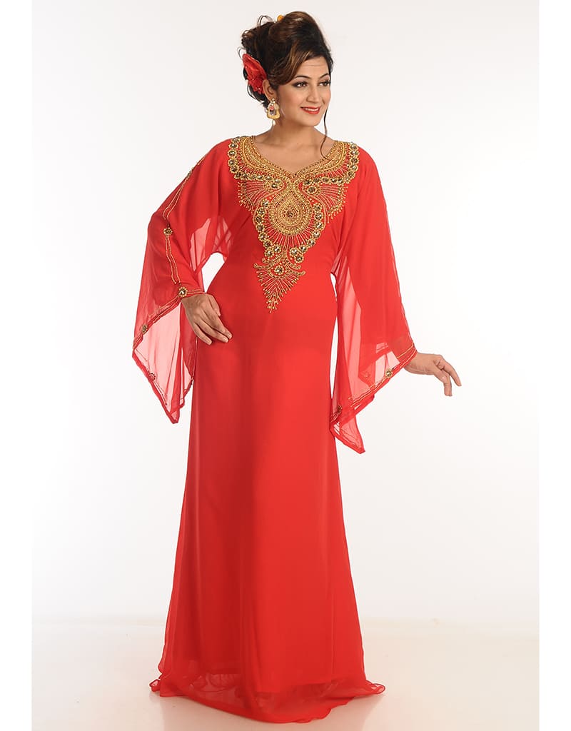 Elegant Arabic Red Georgette Galabiya with Hand Zari Embroidery - Perfect for Weddings, Parties & Special Occasions