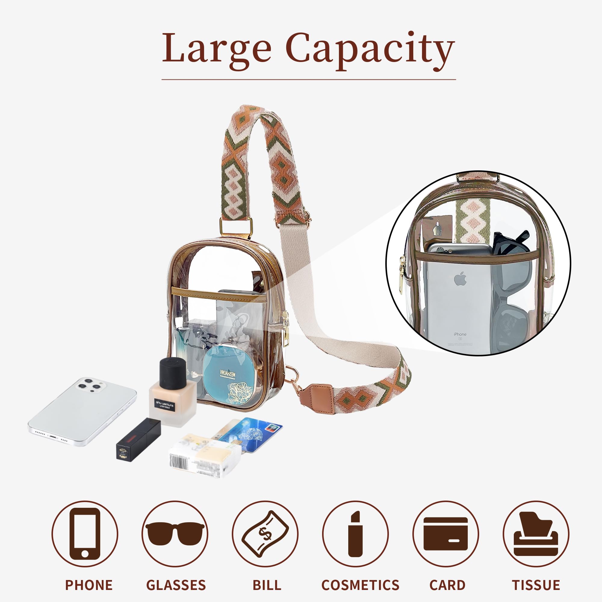 Clear Stadium Approved Crossbody Bag for Women - Adjustable Strap Sling Pack - Perfect for Concerts, Sports Games & Theme Park Events