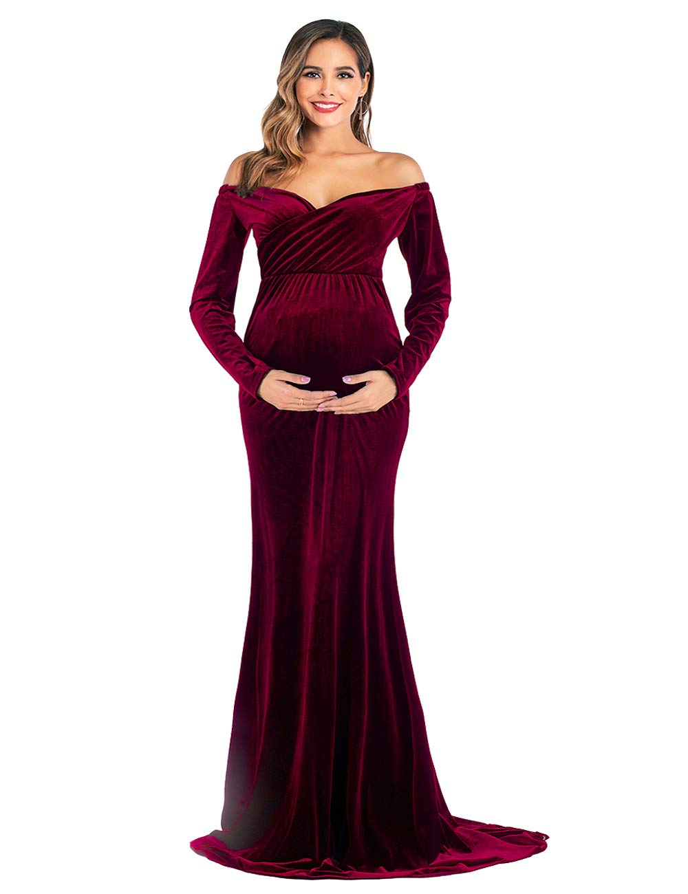 Elegant Velvet Maternity Dress - Off Shoulder Long Sleeve Fitted Gown for Pregnancy Photoshoot, Baby Shower & Special Occasions | Stretchy Maxi Photo Prop Dress for Women