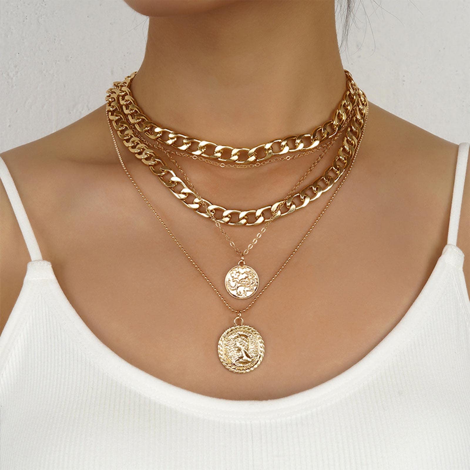 Sttiafay Punk Chunky Chain Necklace - Exaggerated Layered Cuban Link Necklace with Multilayer Carved Coin Pendant | Thick Gold Choker Jewelry for Women | Perfect for Punk Fashion, Gothic Style & Layered Necklace Looks