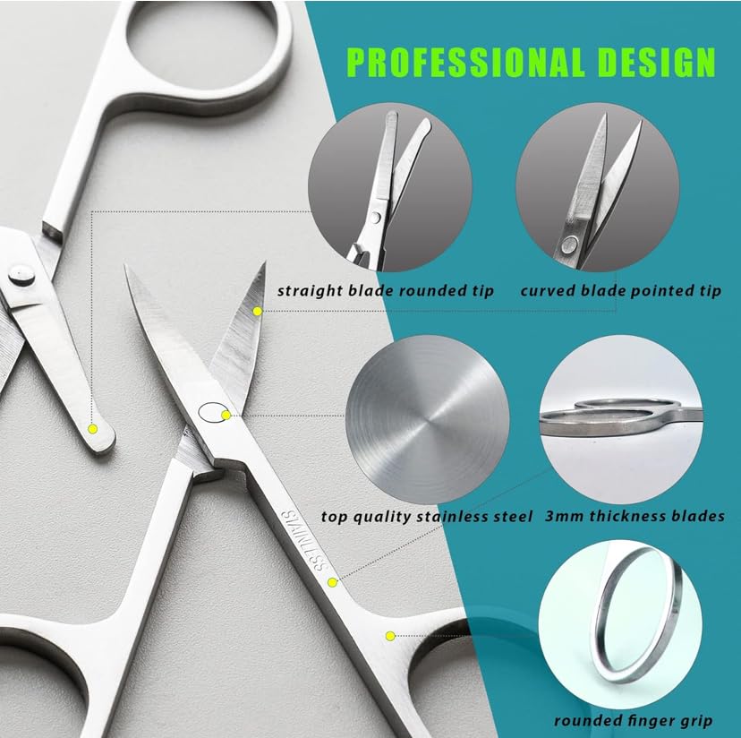 Professional Stainless Steel Curved & Rounded Scissors for Mustache, Nose Hair & Beard Trimming - Safe for Eyebrows, Eyelashes & Ear Hair - Perfect for Grooming Kits & Travel Essentials