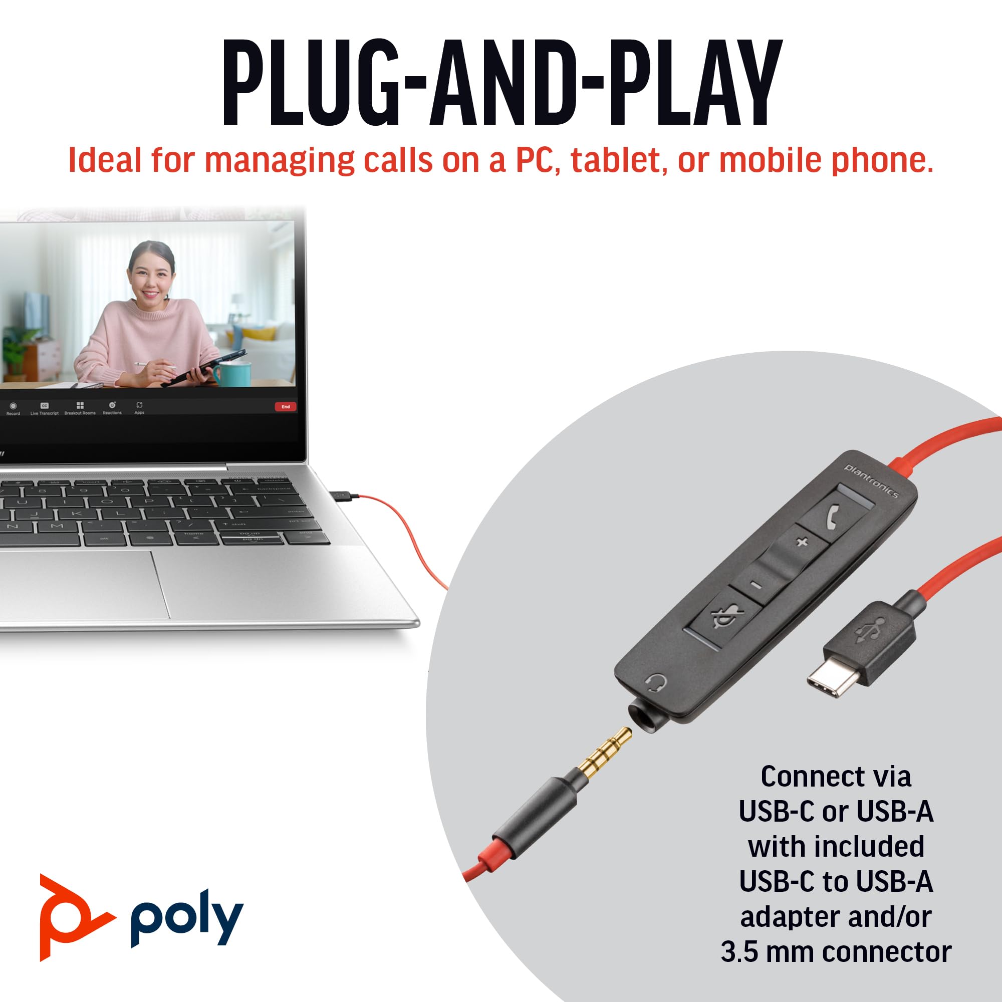 Plantronics Poly Blackwire 3225 Wired Headset with Noise-Canceling Mic - Stereo USB & 3.5mm Headphones for PC, Mac, Mobile - Compatible with Teams, Zoom Calls & Online Meetings - Office, Home Office & Remote Work Headset (Amazon Exclusive)