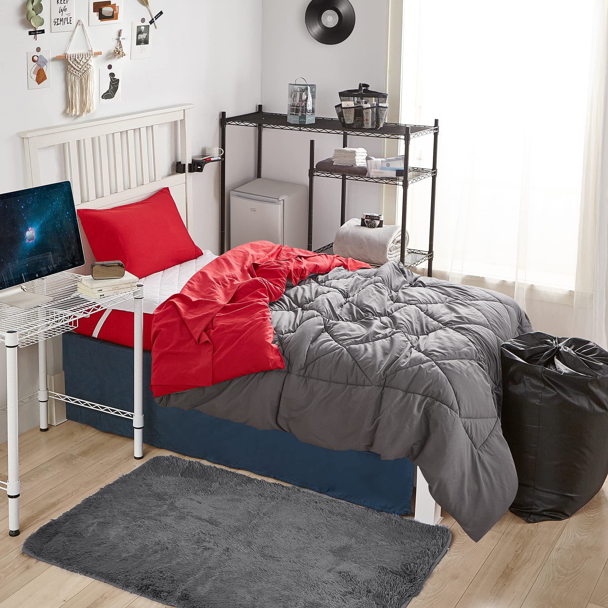 44-Piece Complete College Dorm Essentials Set - Granite Gray & Cherry Red Dorm Room Kit for Students - Perfect for Dorm Organization, Bedding & Bathroom Needs