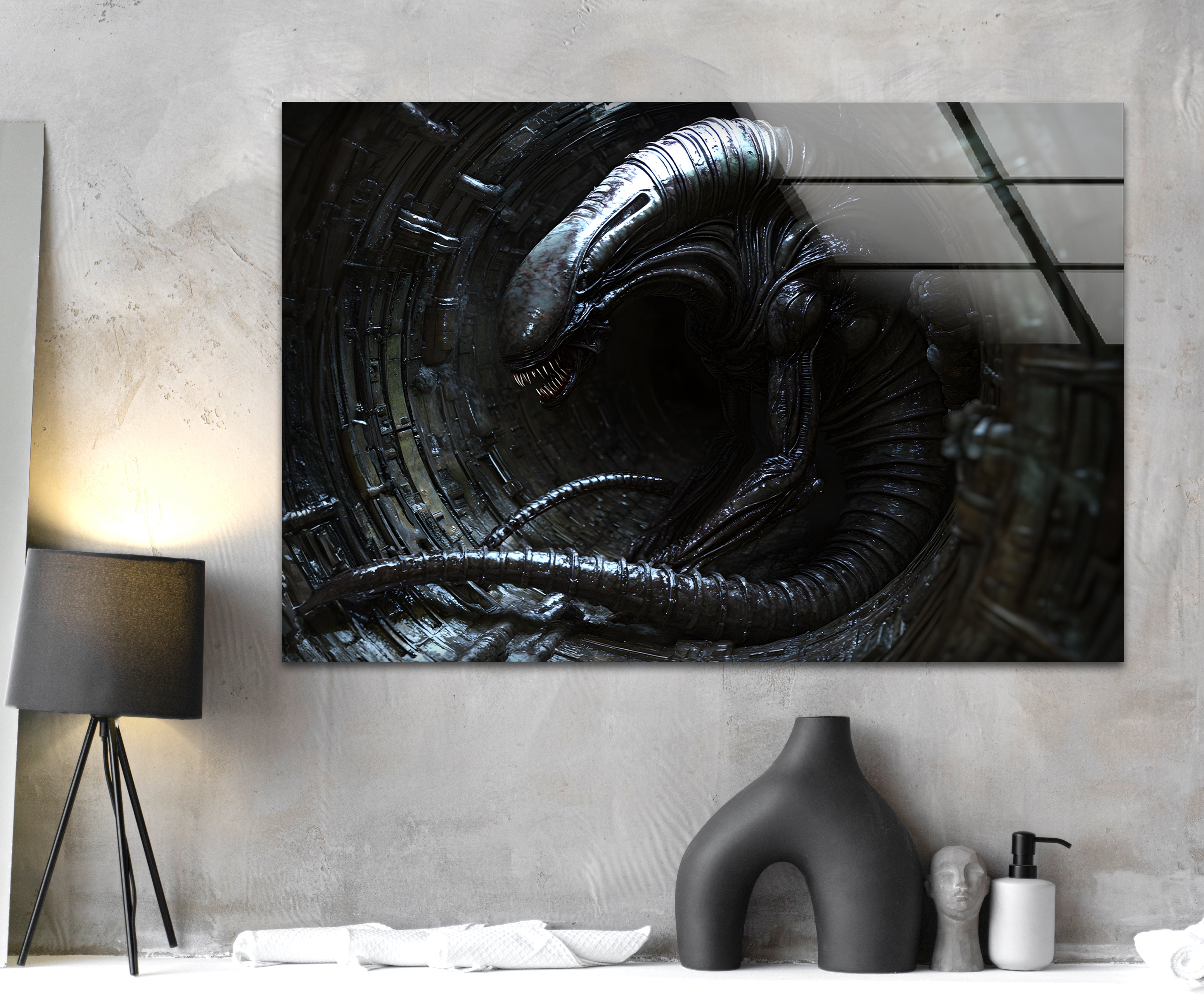 Black Alien Glass Wall Art - Modern Abstract Decor for Living Room, Bedroom & Office | Unique Handmade Glass Artwork for Home & Gifts