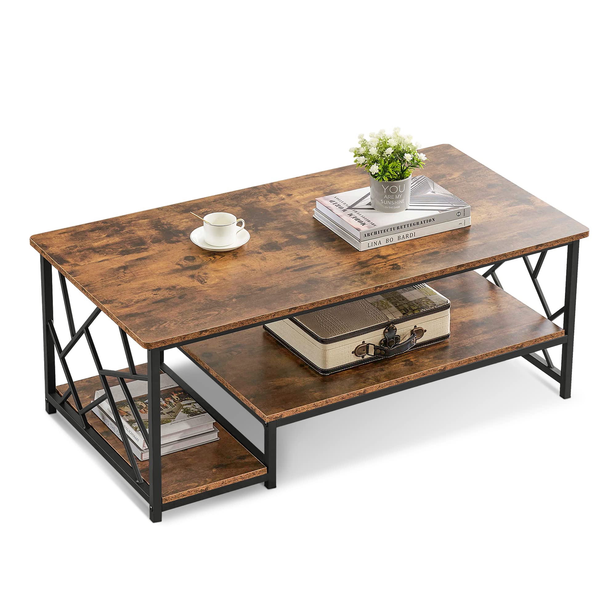 Rustic Wood Coffee Table for Living Room - Farmhouse Mid Century Modern TV Stand with Black Metal Frame, Industrial Cocktail Table with Double Storage Shelves (Brown) | Perfect for Small Spaces, Apartments & Cozy Home Decor