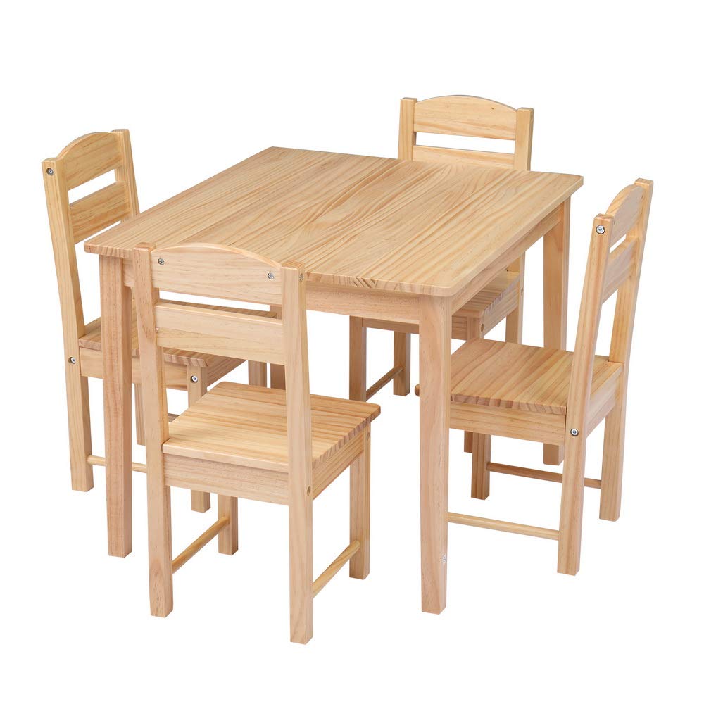 5-Piece Kids Wooden Table and Chair Set - Includes 1 Activity Table & 4 Chairs for Toddlers Ages 3-8 (Natural Wood Color) - Perfect for Playroom, Preschool Learning & Arts & Crafts Activities