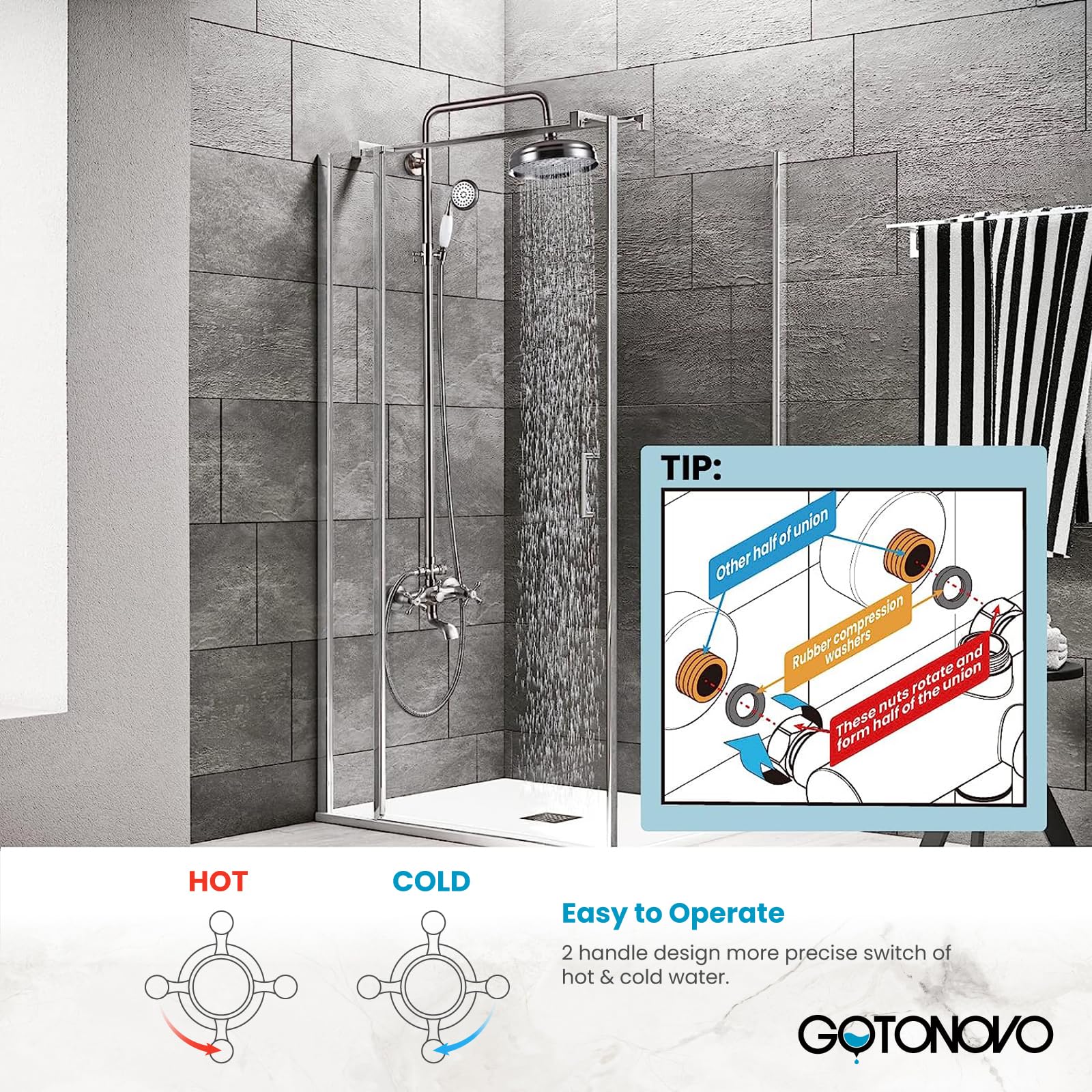 Gotonovo 8 Inch Round Rain Shower Head with Handheld Sprayer - 3 Function Brushed Nickel Wall Mount Bathroom Faucet Mixer for Tub & Shower - Perfect for Modern Bathrooms, Spa-Like Experience, and Water-Saving Showers
