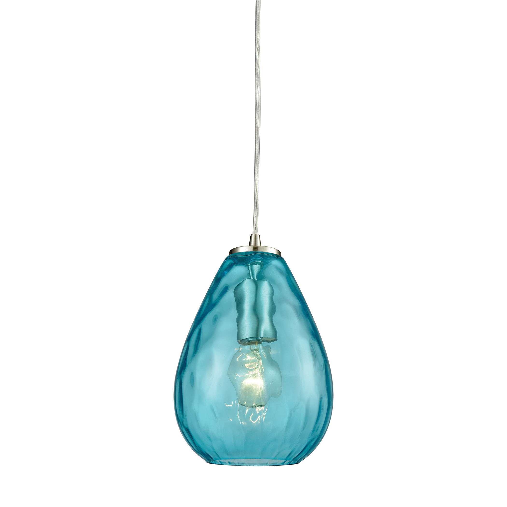 Lagoon 1-Light Mini Pendant Light Fixture - Satin Nickel Finish with Aqua Water Glass Shade - Perfect for Kitchen Island, Dining Room or Bedroom Lighting