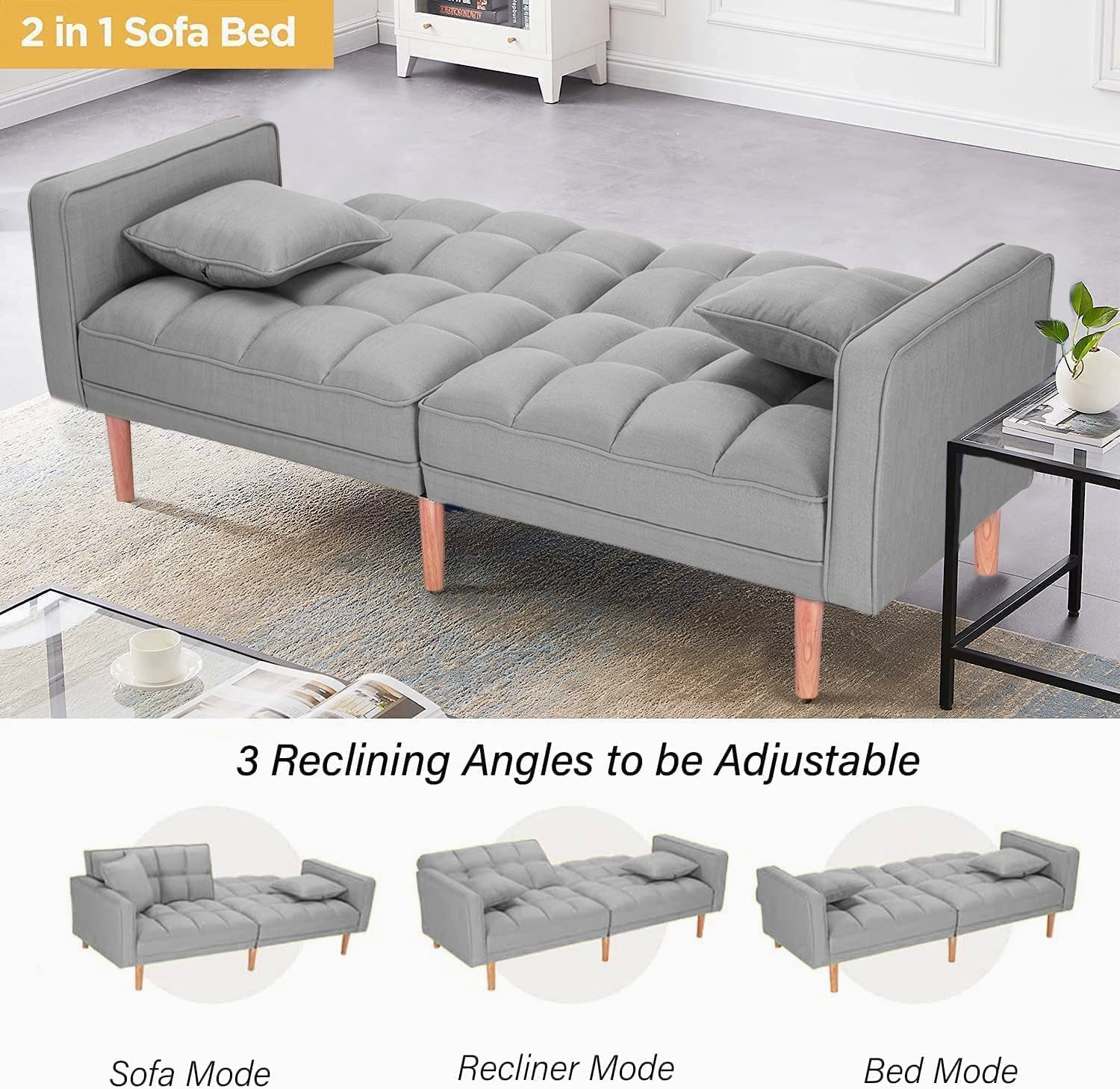 Convertible Futon Sofa Bed with 2 Pillows & Backrest - Foldable Sleeper Couch for Small Spaces - Modern Fabric Futon for Living Room, Bedroom, Guest Room & Studio Apartments - Space Saving Multi-Functional Furniture