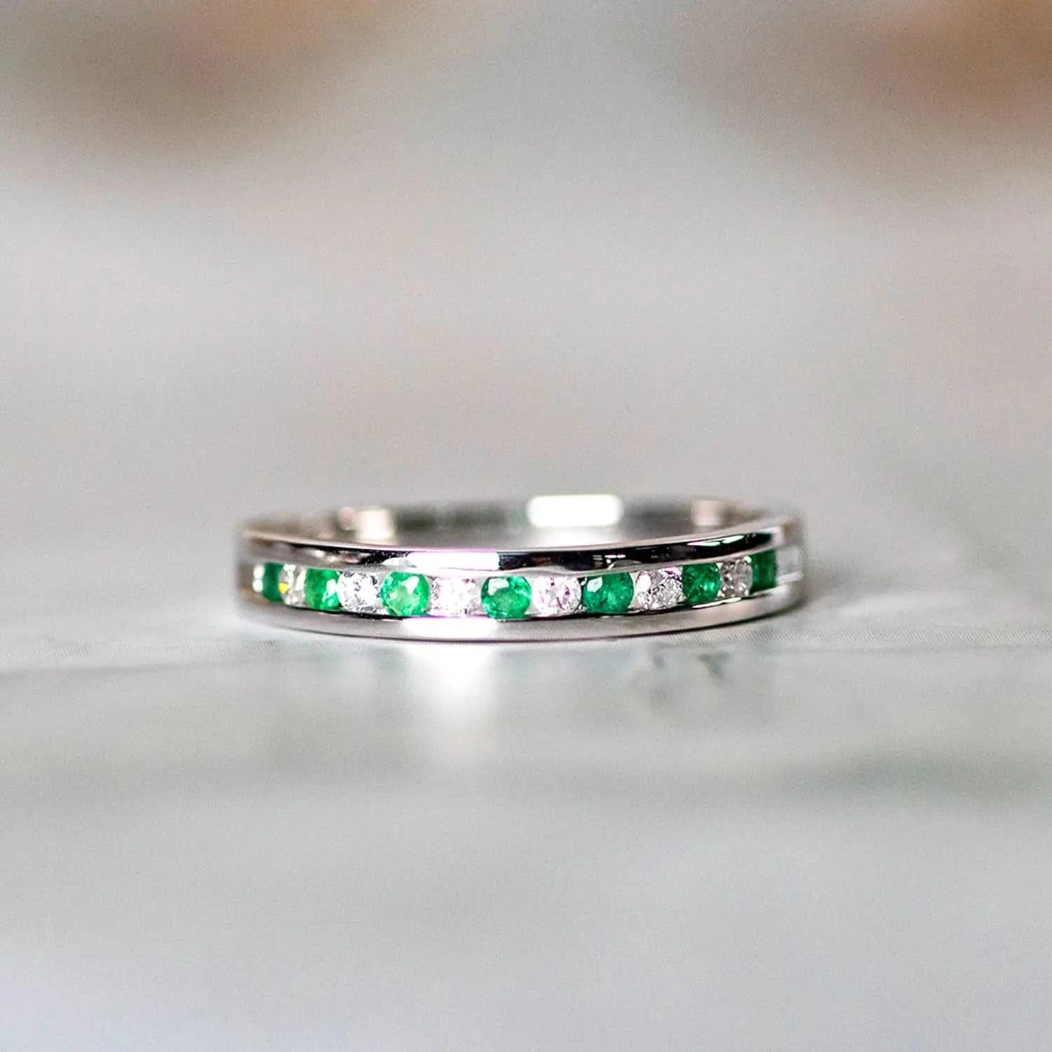 Emerald & Diamond Solid White Gold Eternity Ring for Women - 14K Wedding Band, Anniversary Gift for Her - Perfect for Engagement, Valentine's Day & Special Occasions