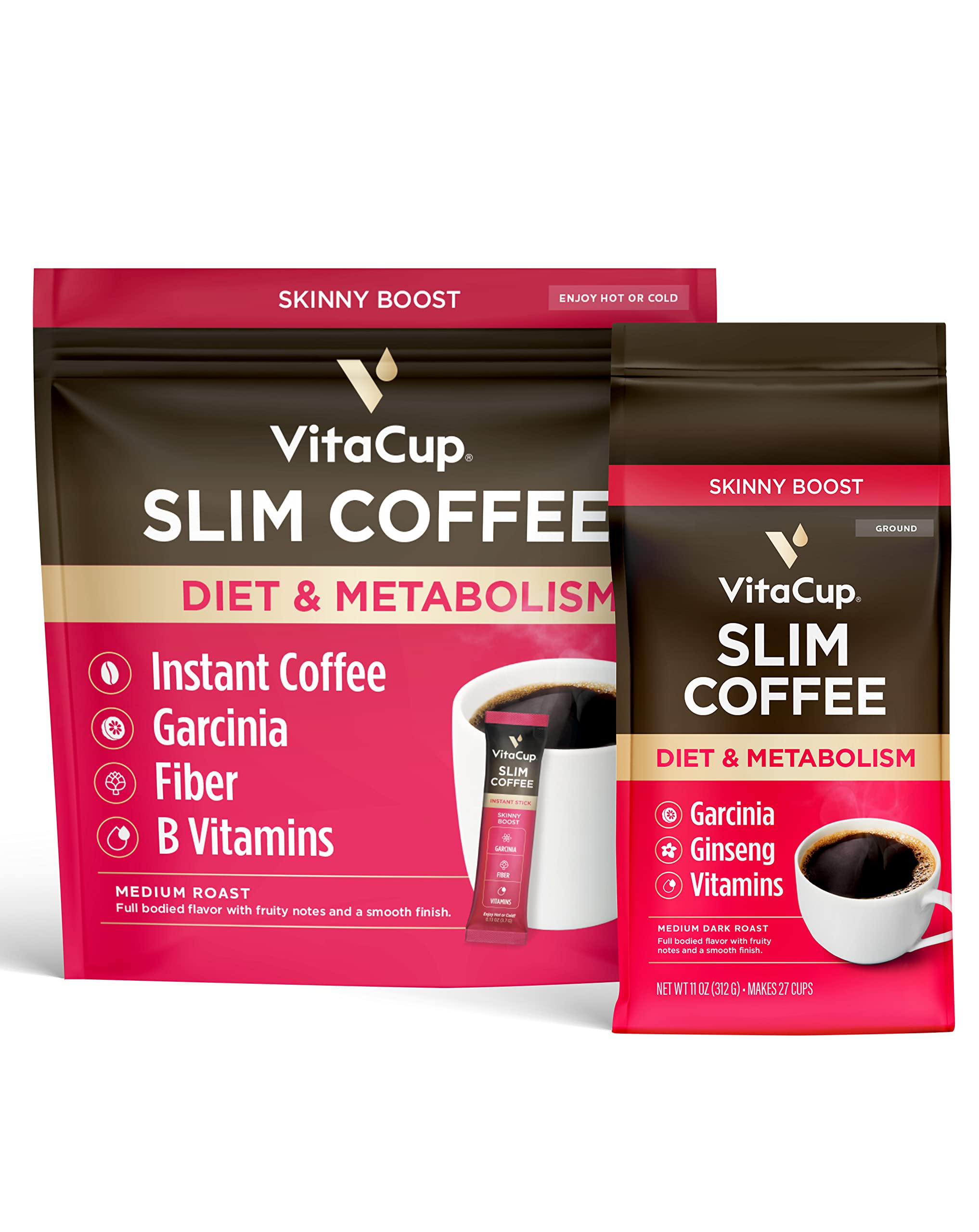 Vitacup Slim Instant Coffee Packets & Ground Coffee Bundle - 24 Single Serve Coffee Sticks & 11 oz Bag of Premium Ground Coffee - Perfect for Travel, Office & Home Brewing