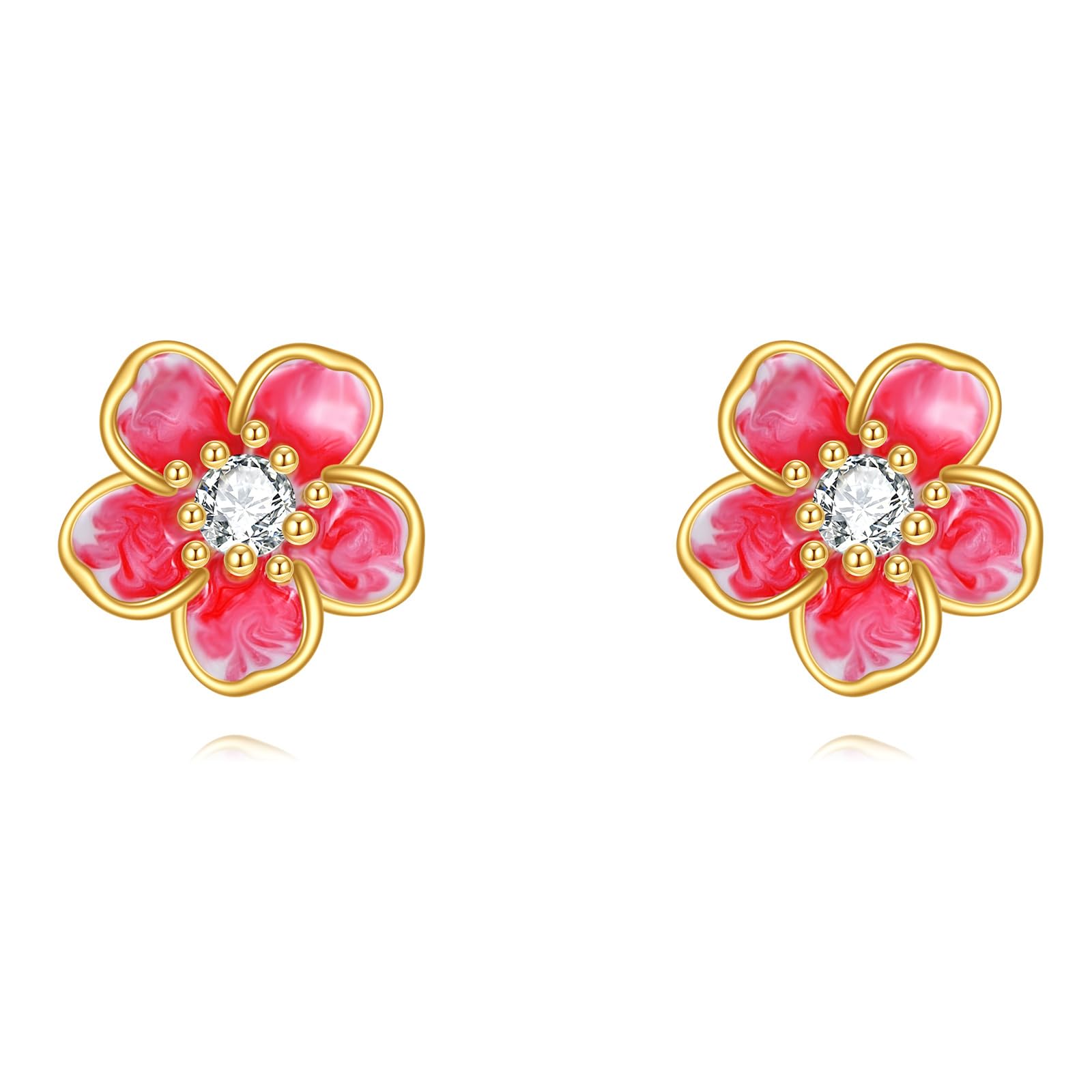 14K Rose & Cherry Flower Stud Earrings - Yellow Gold Floral Jewelry for Women & Girls | Perfect Gift for Birthdays, Anniversaries & Special Occasions
