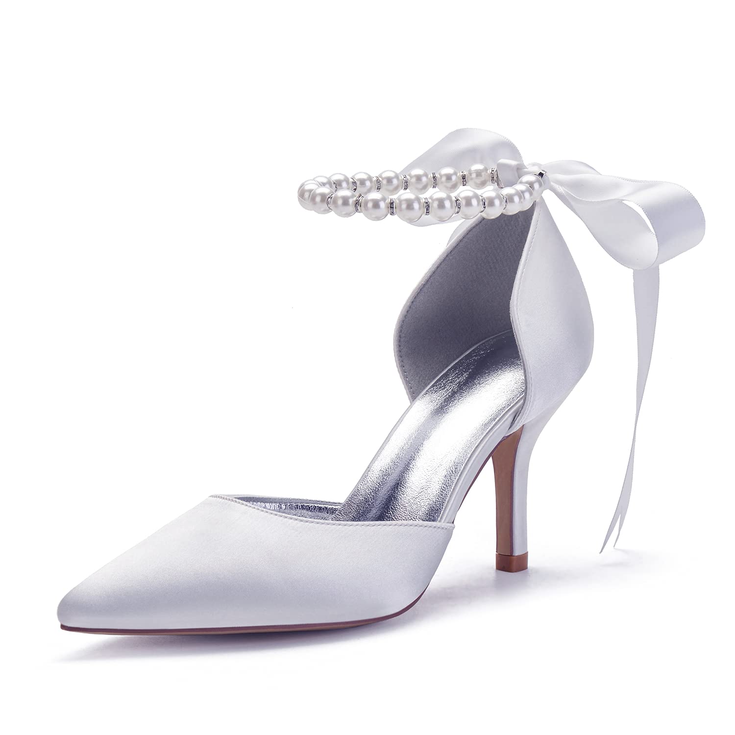 Elegant Pearl White Wedding Shoes for Bride – Pointed Toe High Heel Bridal Pumps – Satin Prom Party Dress Sandals – Perfect for Weddings, Proms, and Formal Occasions