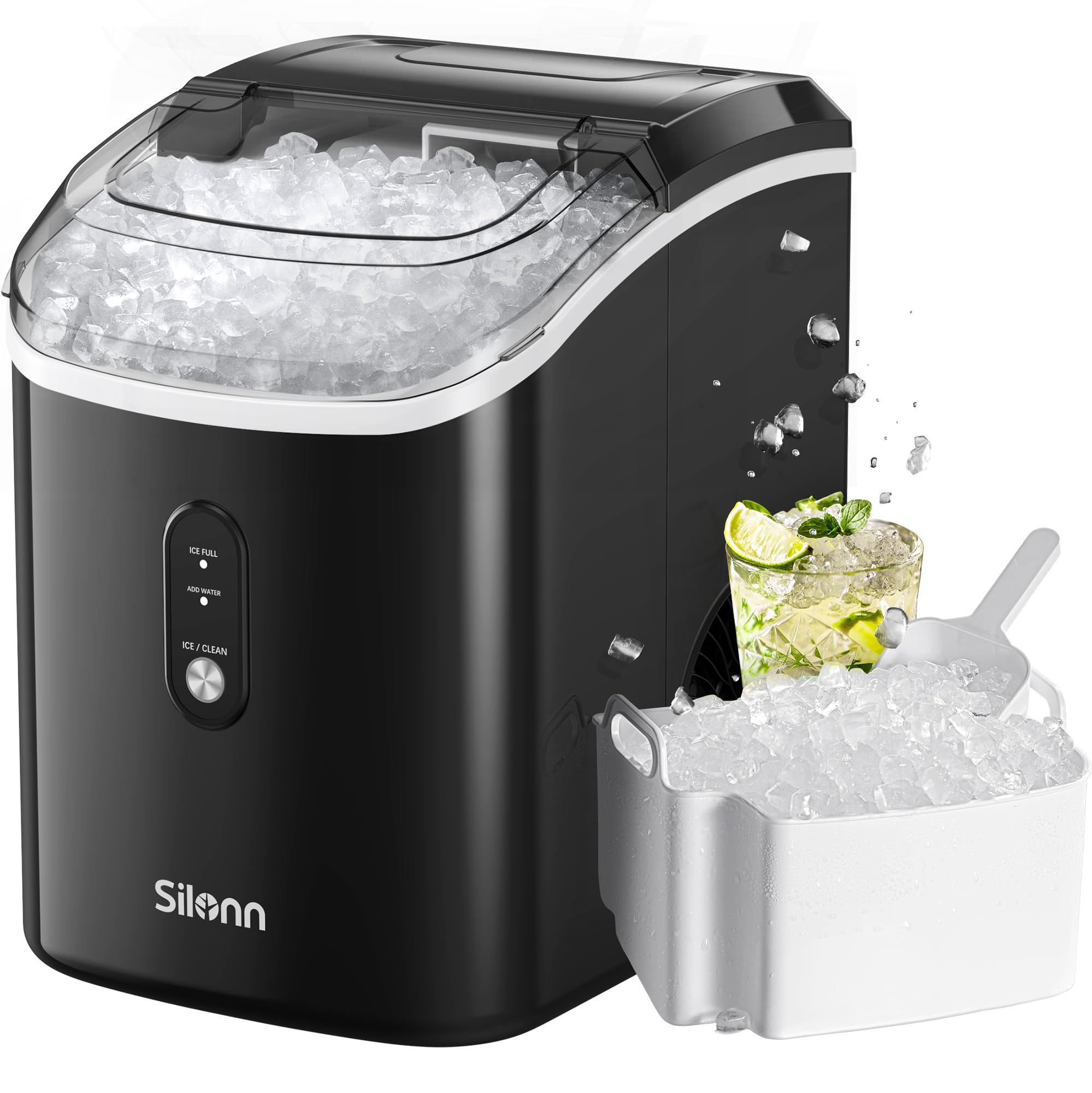 Silonn Countertop Nugget Ice Maker - 33lbs/24H, Self-Cleaning Portable Pebble Ice Machine for Home, Kitchen, Office | Perfect for Cocktails, Sodas & Outdoor Parties