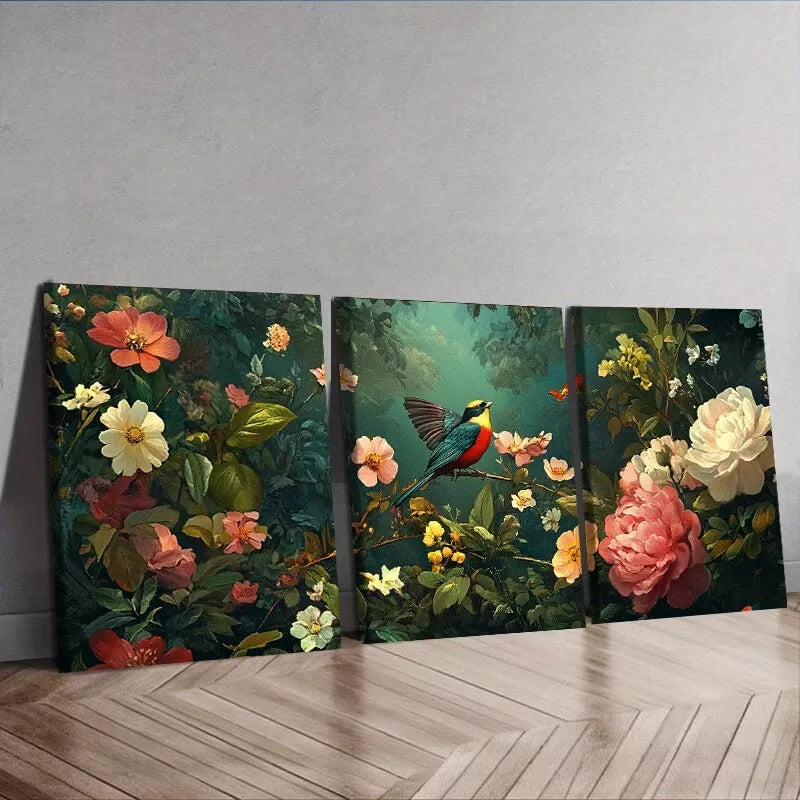 3-Piece Coralline Floral Nature Birds Wall Art Set - Framed Canvas 40x60cm (16x24 inches) - High Quality Print - 100% Australian Made - Ready to Hang - Perfect for Living Room, Bedroom & Office Decor