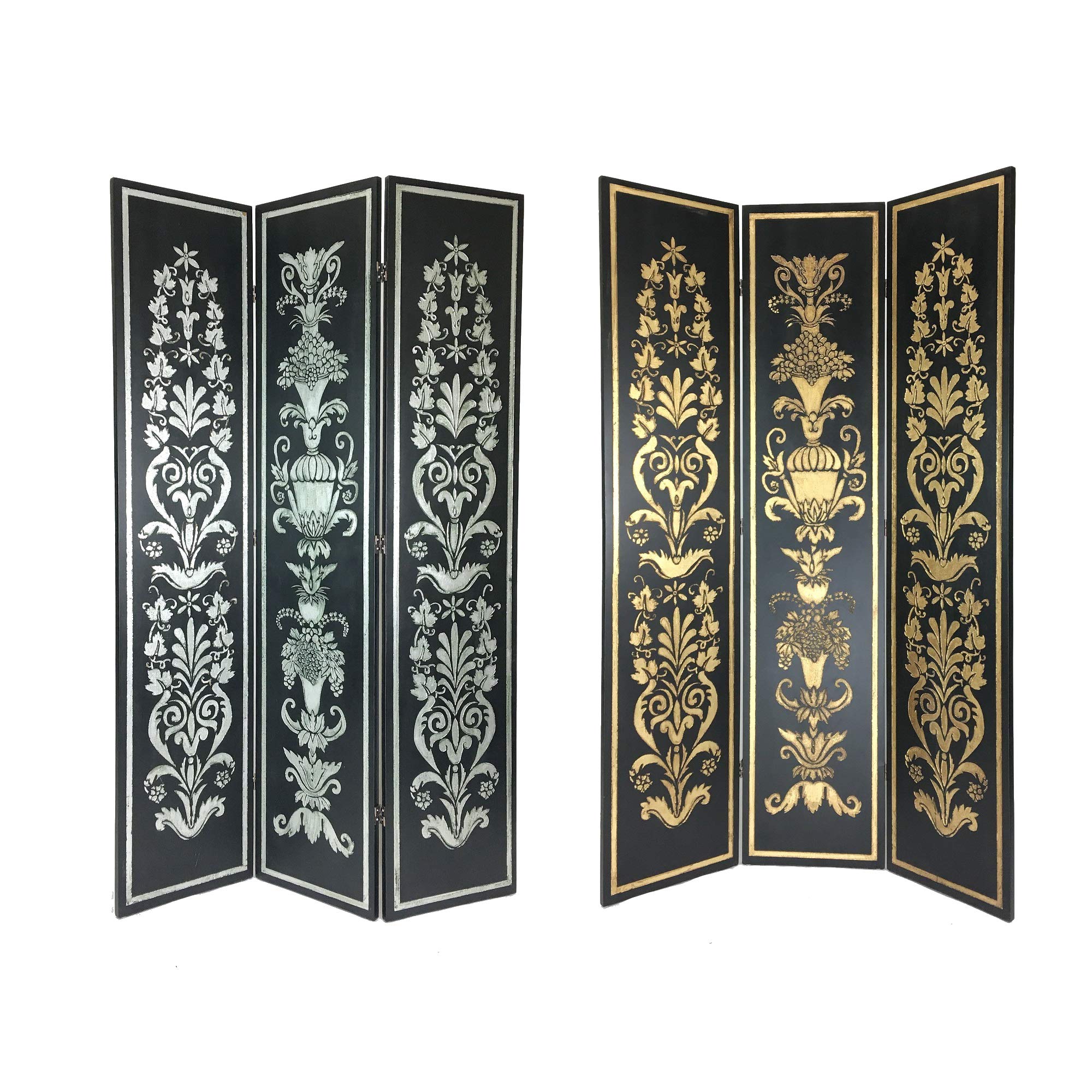 Benjara Wooden 3-Panel Room Divider - Double-Sided Motifs for Home & Office Decor