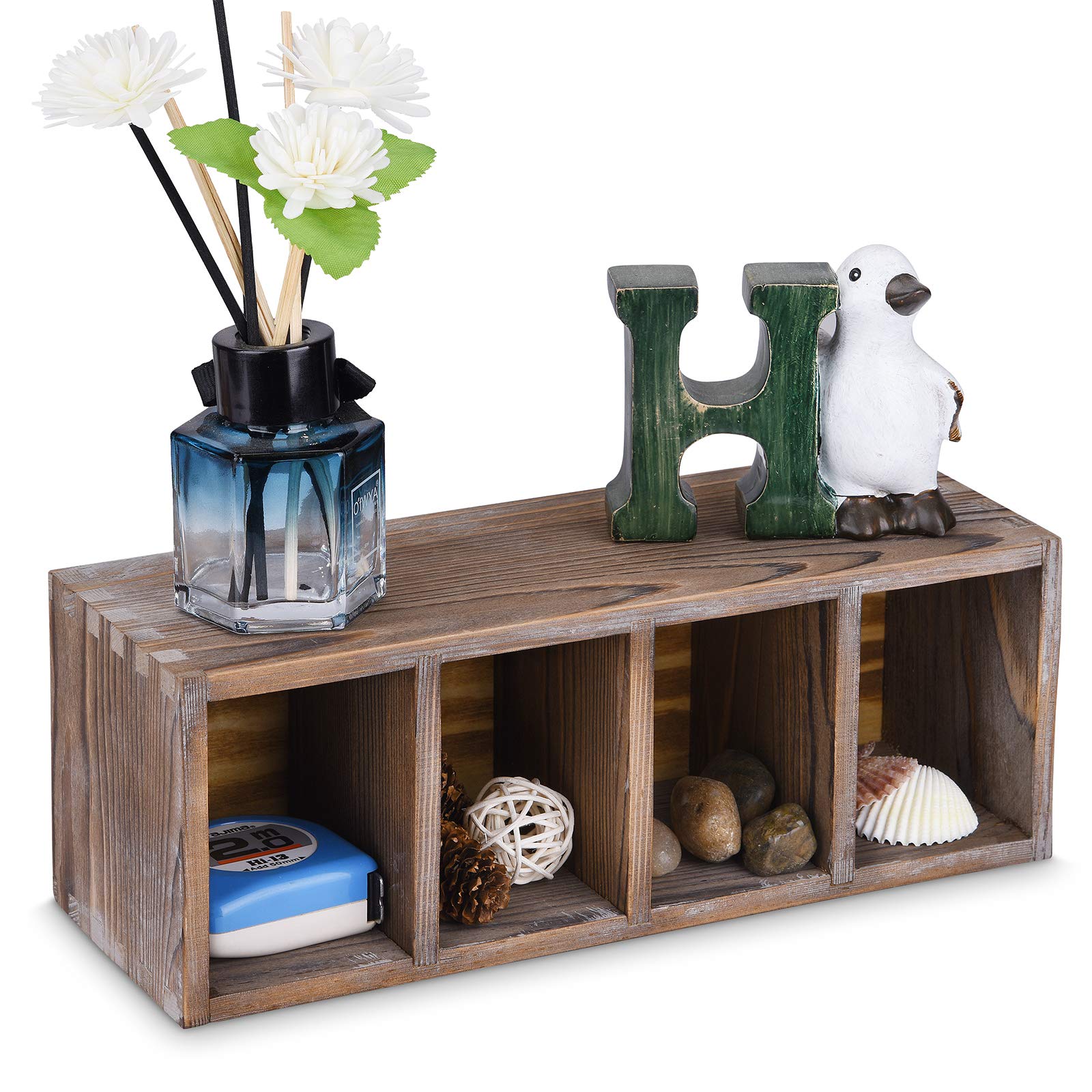 WuGeShop Rustic Wood Remote Control Holder with 4 Compartments - Multi-Use TV Remote Caddy & Desktop Organizer for Pens, Pencils, Phones - Perfect for Living Room, Bedroom, Office & Home Theater Organization