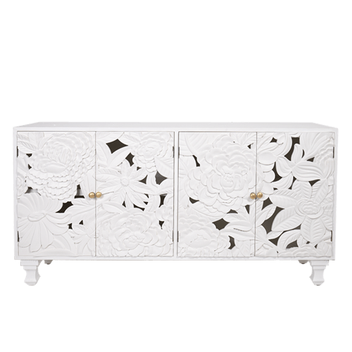 Hand Carved Large Floral Wood Sideboard Cabinet - Rustic Farmhouse Buffet Storage for Dining Room & Living Room