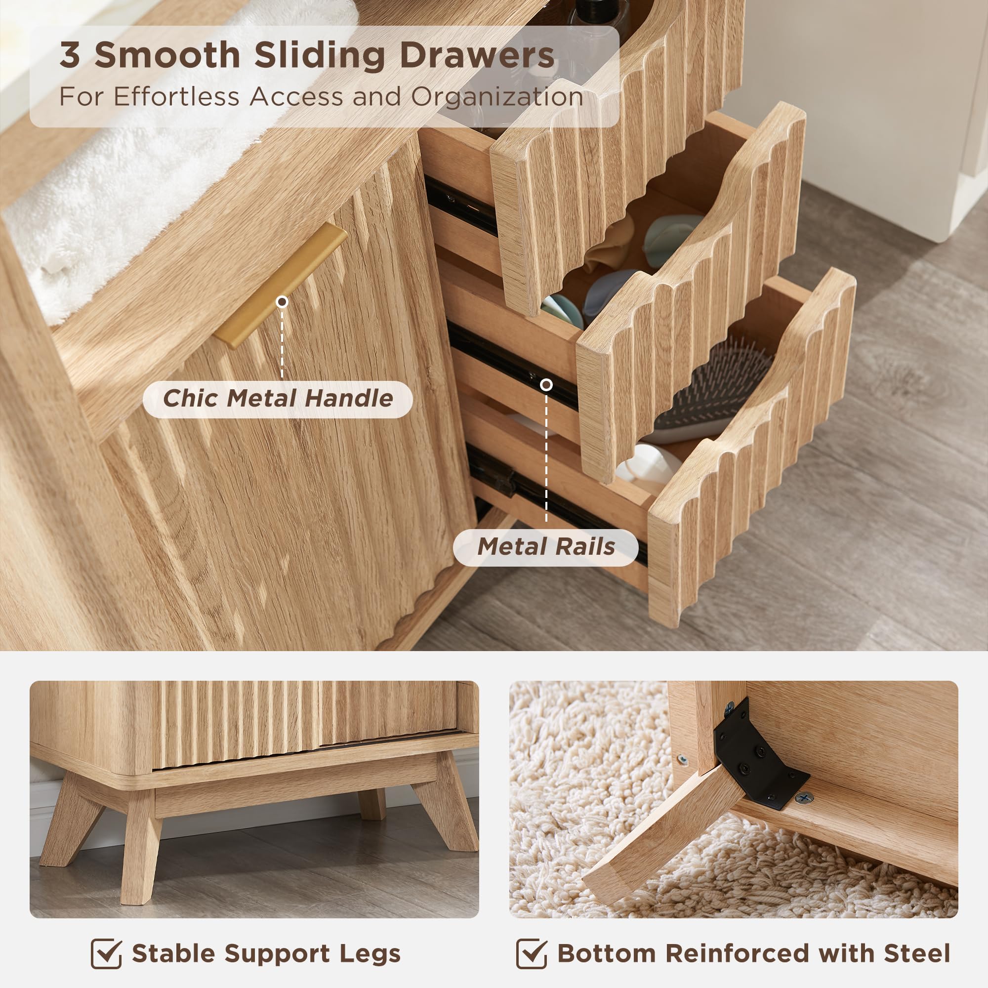 Modern Bathroom Floor Cabinet with Sliding Door - Fluted 3-Drawer Storage Organizer with Adjustable Shelf & Faux Marble Top - Curved Profile Design in Natural Oak - Perfect for Bathroom Organization, Small Space Storage & Home Decor