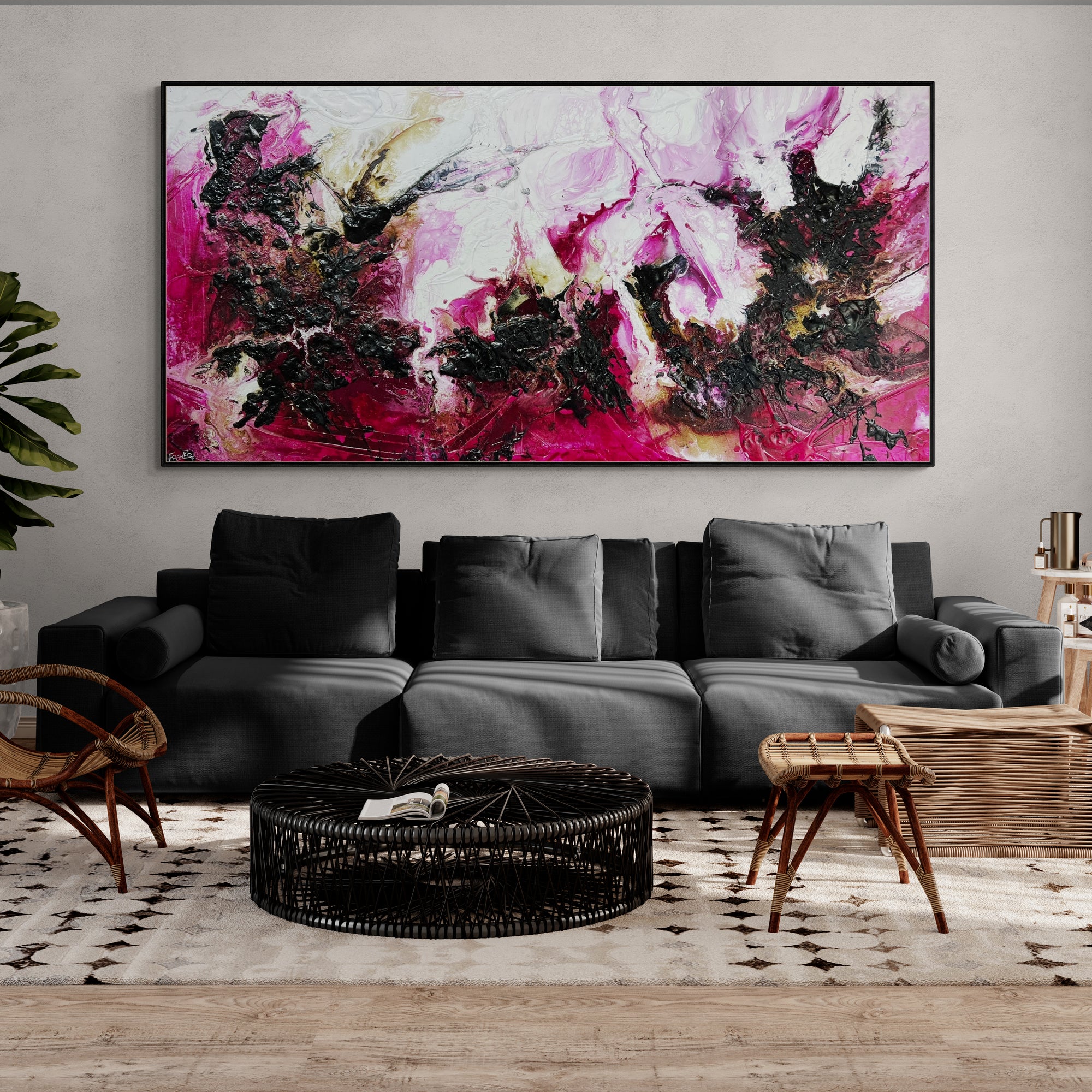 Scarlett & Fig 240cm x 120cm Magenta Textured Abstract Canvas Art - Modern Large Wall Painting for Living Room, Bedroom & Office Decor