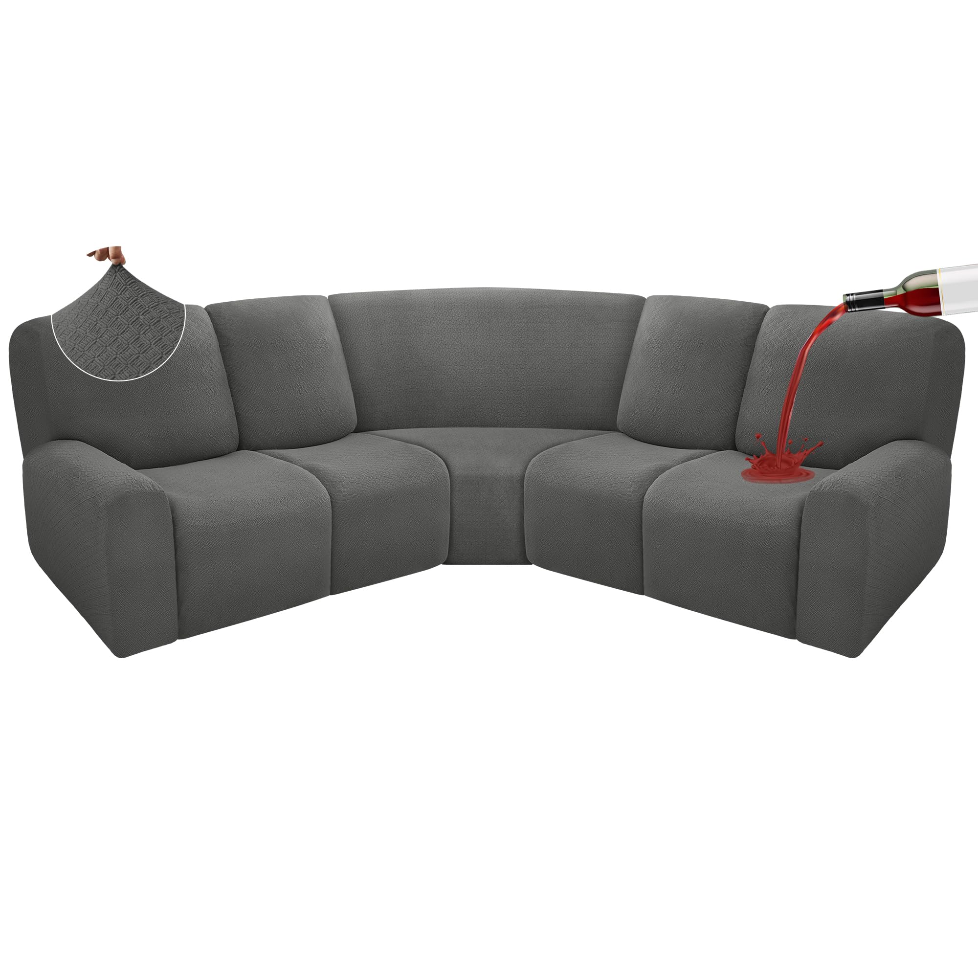 100% Waterproof Reclining Sectional Couch Cover - 5-Piece L-Shaped Stretch Fleece Sofa Slipcover - Washable, Non-Slip Corner Protector for Recliners (5-Seat, Gray) - Perfect for Pets, Kids & Spill Protection in Living Rooms