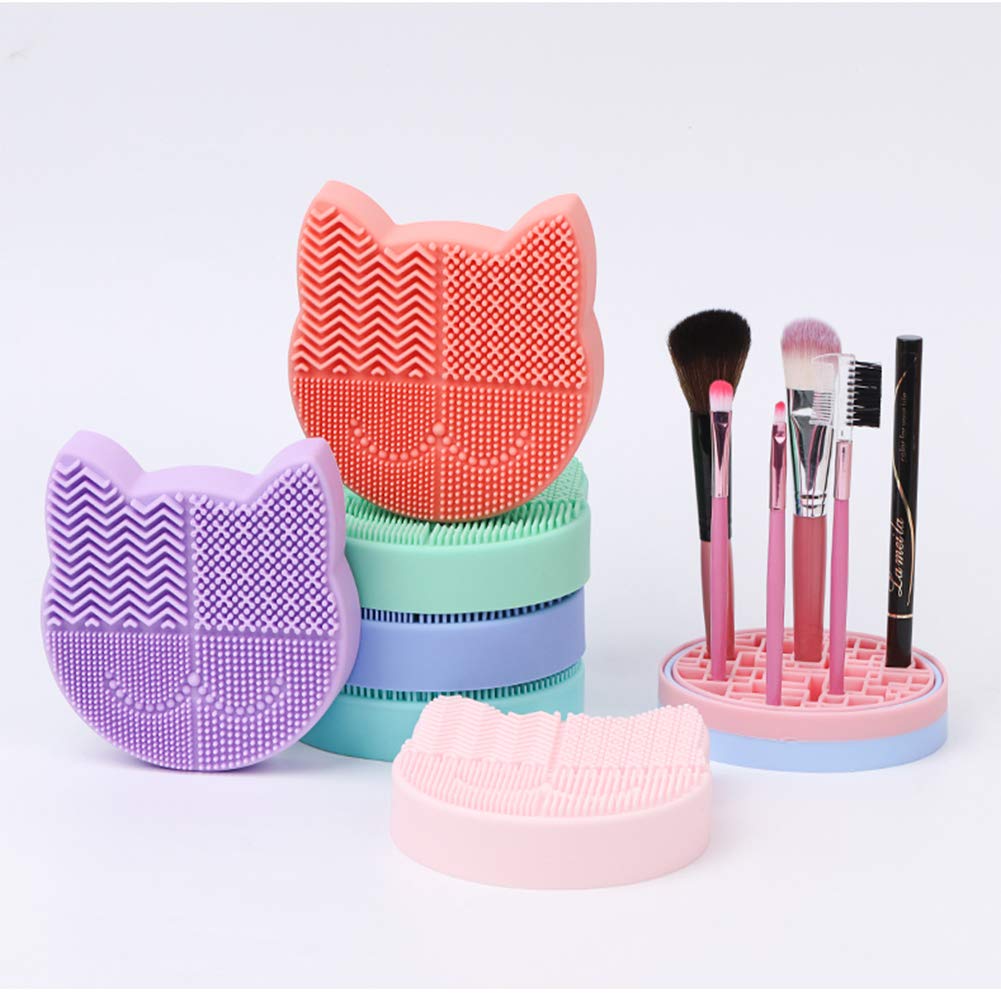 Premium Silicone Makeup Brush Cleaner Mat with Drying Holder - Portable Cat Shaped Cosmetic Brush Cleaning Pad for Manual or Machine Wash (Lavender) - Perfect for Home, Travel & Professional Makeup Artists