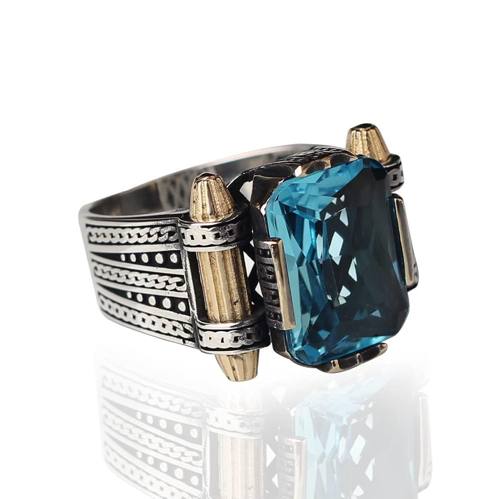 Handmade 925 Sterling Silver Aquamarine Men's Ring - Ottoman Turkish Style Jewelry for Men, Unique Boyfriend Gift & Anniversary Present (Size 10.5) - Perfect for Weddings, Date Nights & Special Occasions
