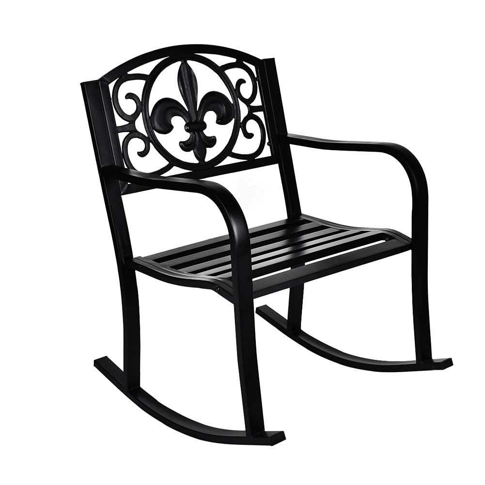 Grepatio Outdoor Patio Rocking Chair - Heavy Duty Wrought Iron Metal Rocking Seat with Elegant Scroll Design for Deck, Backyard, Garden or Porch - Weather Resistant & Comfortable (Black) | Perfect for Relaxing, Reading & Enjoying Nature