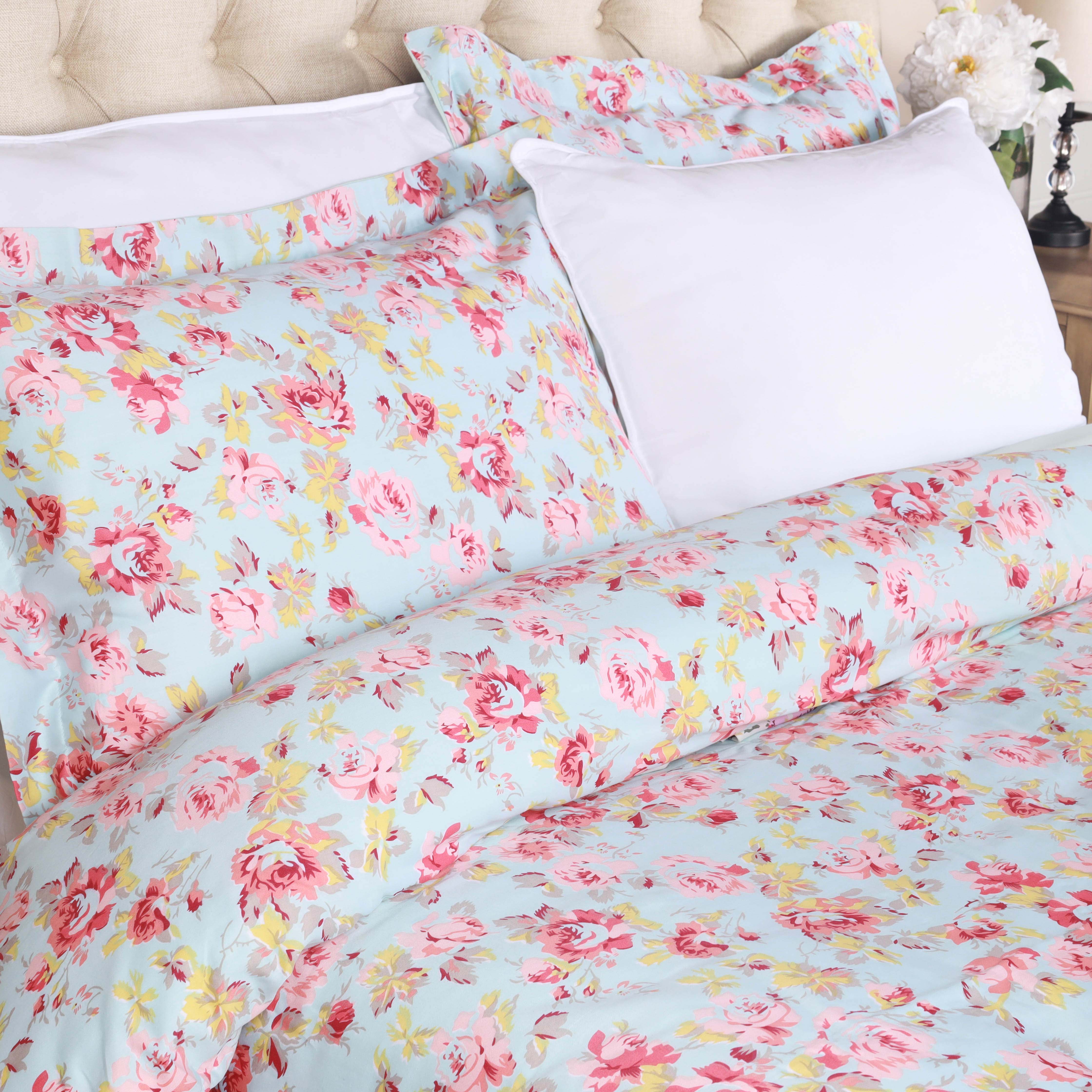 300 Thread Count Solid & Floral Cotton Duvet Cover Set - All Season Soft Bedding for Master Bedroom, Guest Room & Vacation Homes