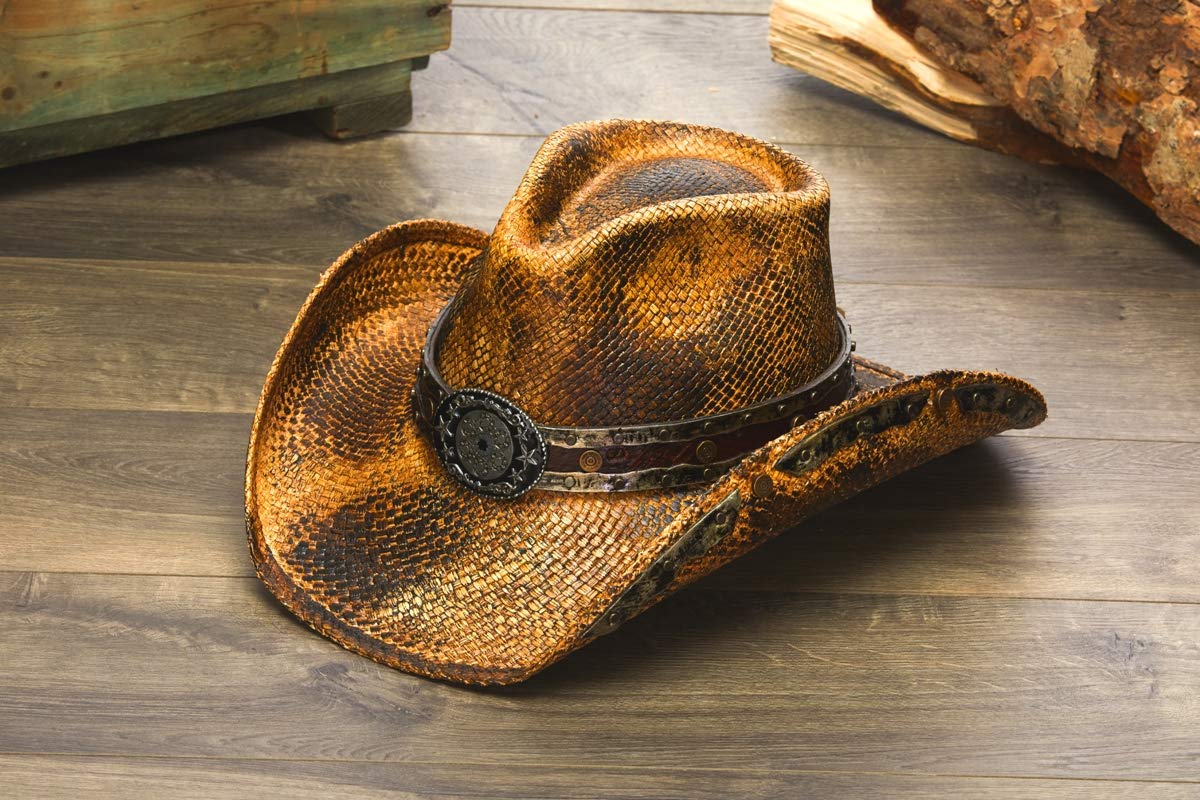 Men's Rusty Western Cowboy Hat with Bullet Band - Vintage Style Cowboy Hat for Rodeo, Country Music Festivals & Western Fashion