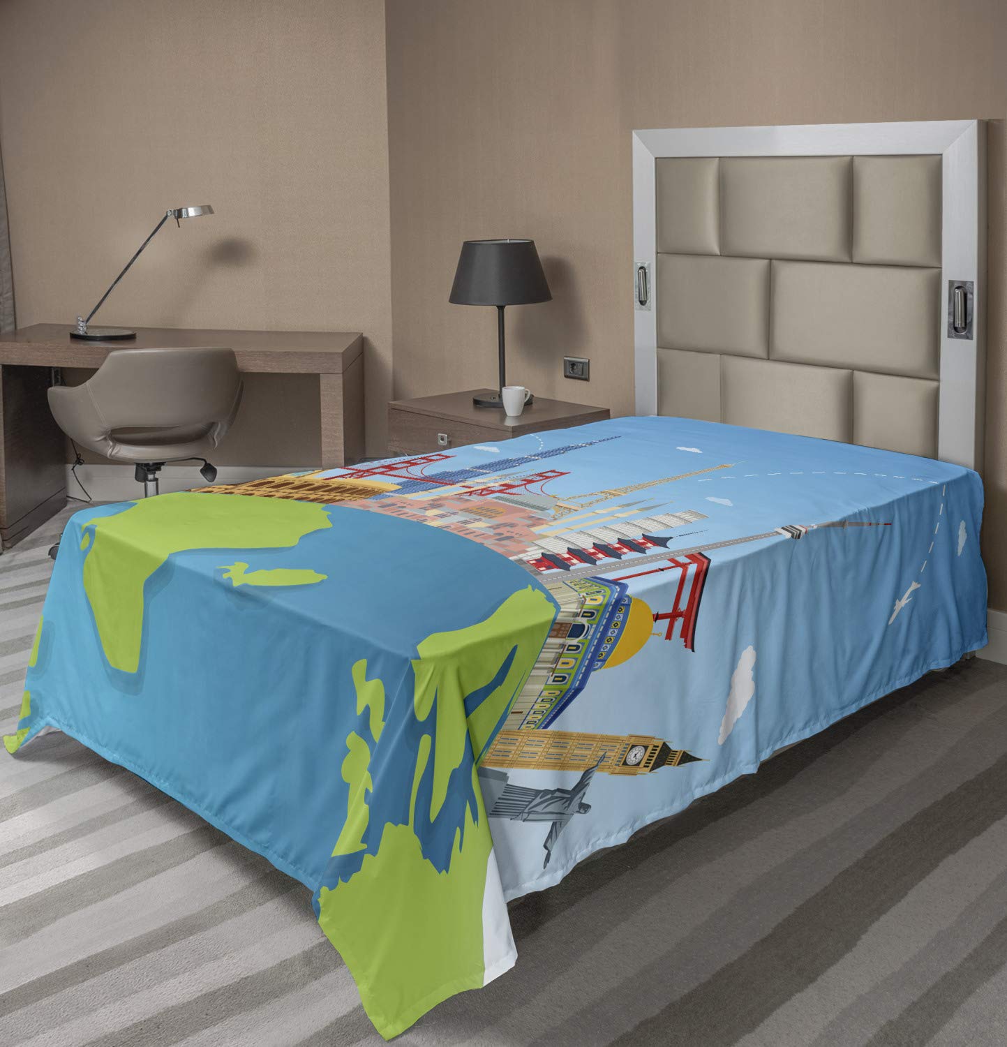 Ambesonne Travel Themed Twin Size Flat Sheet – Famous Architectural Landmarks Print, Soft & Comfortable Decorative Top Bedding – Perfect for Travel Enthusiasts, Dorm Rooms & Guest Bedrooms