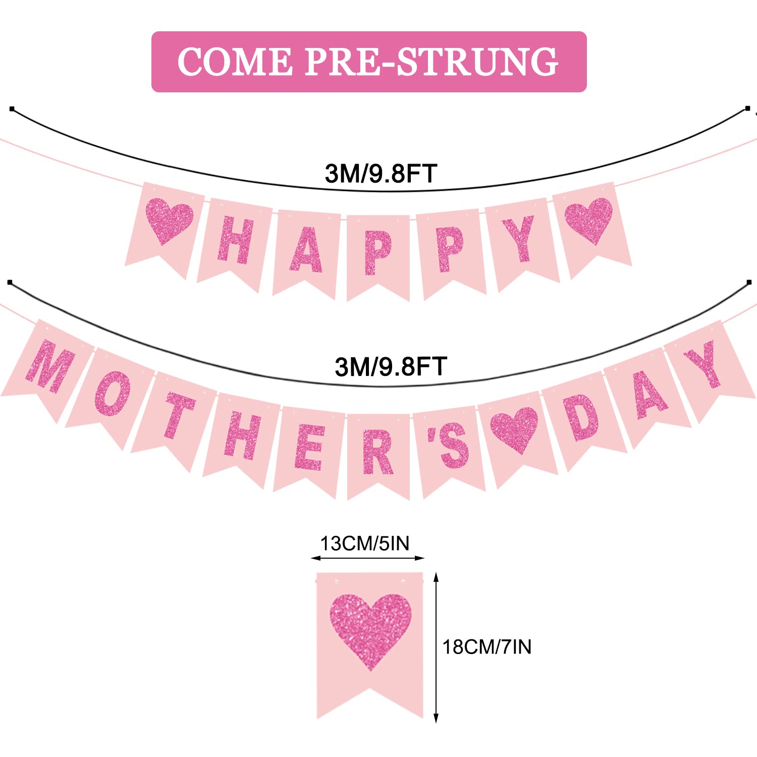CAVLA Happy Mother's Day Banner - Pink Rose & Red Heart Bunting with 'Best Mom Ever' Sign - Paper Wall Decor for Mother's Day Party, Home Celebration & Family Gatherings