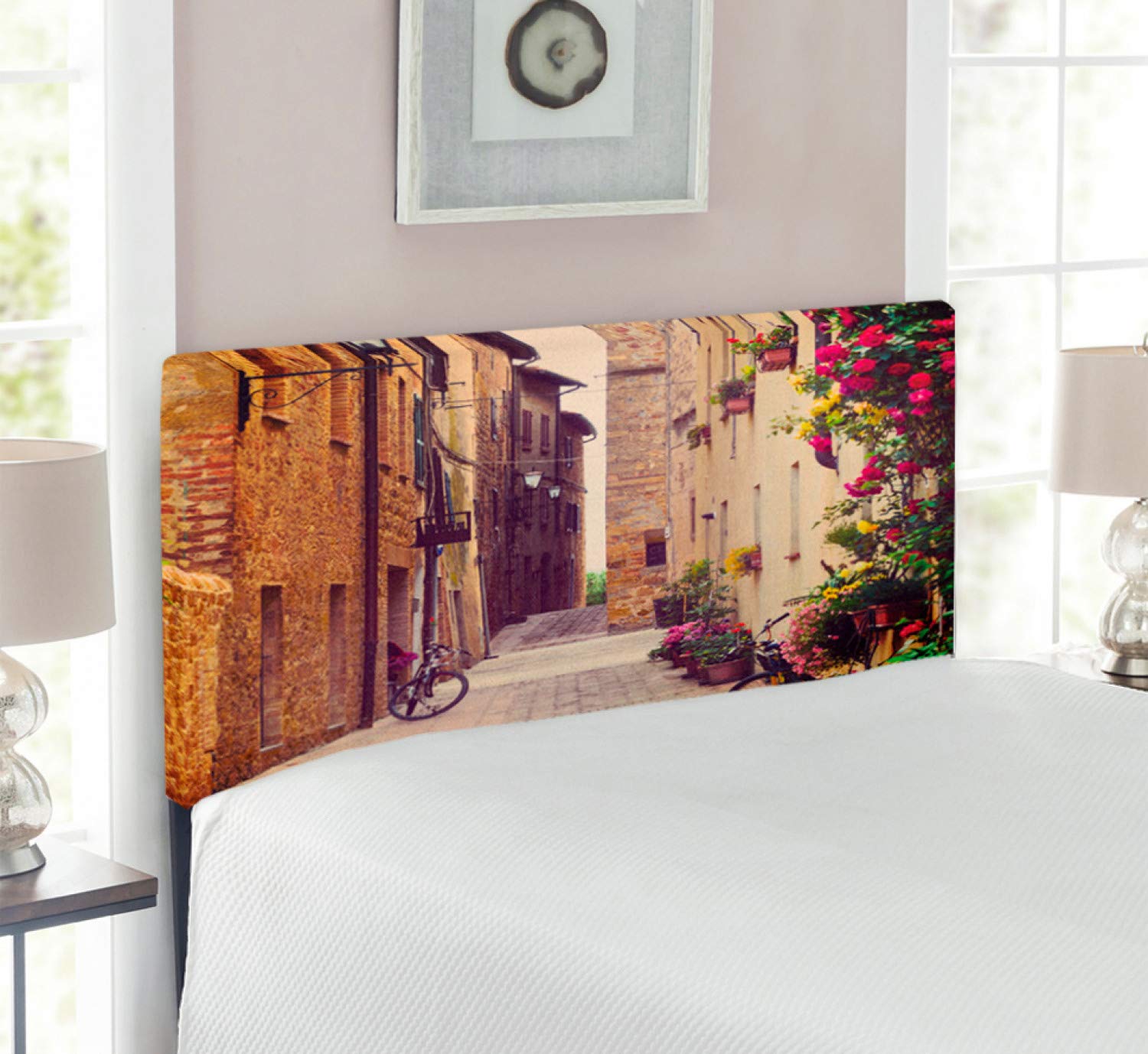 Ambesonne Cityscape Upholstered Headboard - Pienza Tuscany Italy Street Scene with Flowers & Bicycles, Decorative Metal Bed Headboard with Memory Foam, Twin Size (Red/Green) - Perfect for Bedroom Decor & Italian Theme Rooms