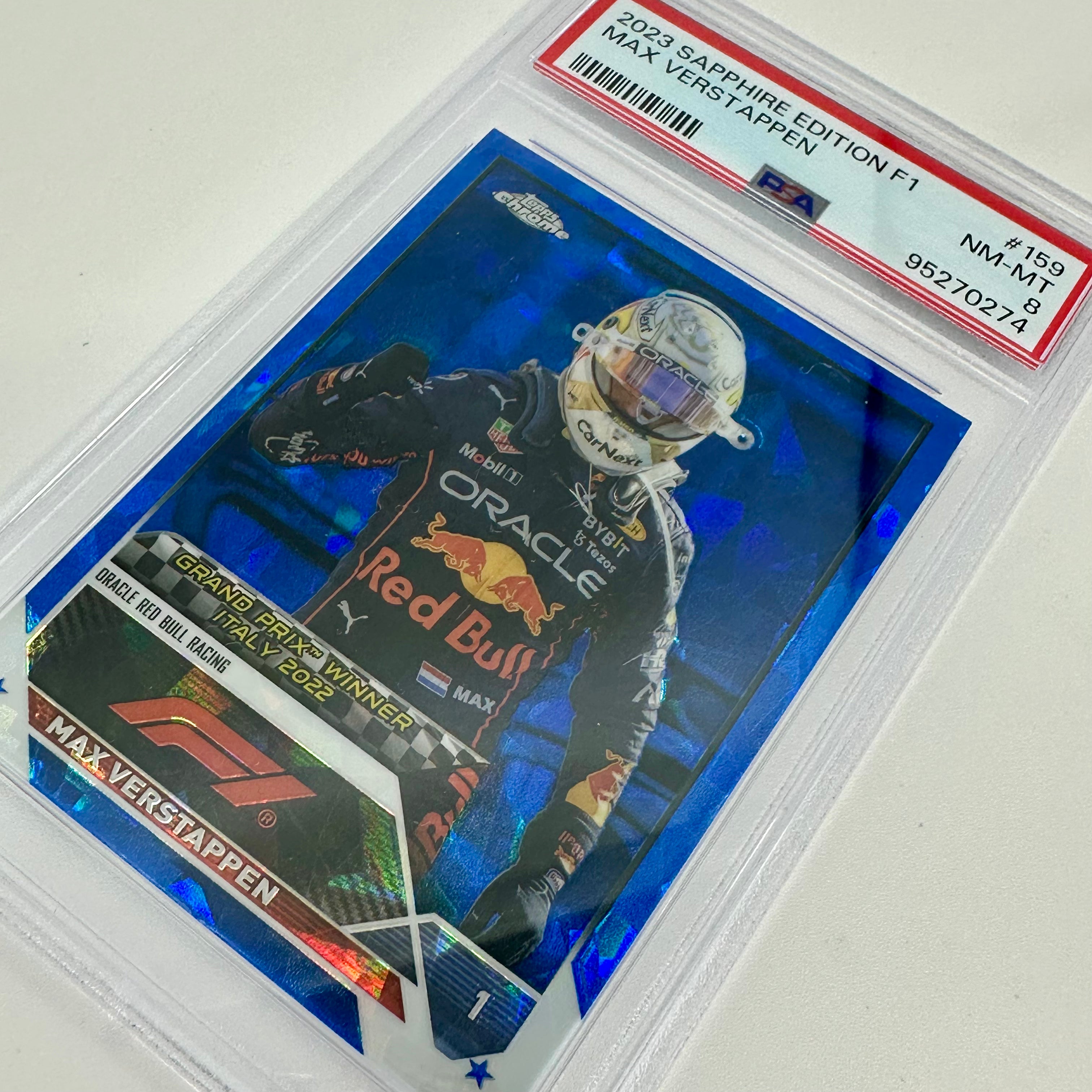 2023 Topps Chrome Sapphire Max Verstappen #159 PSA 8 Graded Racing Card - Perfect for F1 Collectors, Sports Memorabilia Display & Trading Card Investments