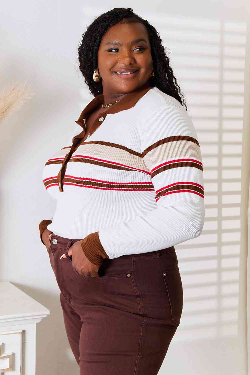 Beige Striped Collar Rib Knit Top for Women - Casual Long Sleeve Shirt for Fall & Winter, Perfect for Office Wear and Weekend Outfits