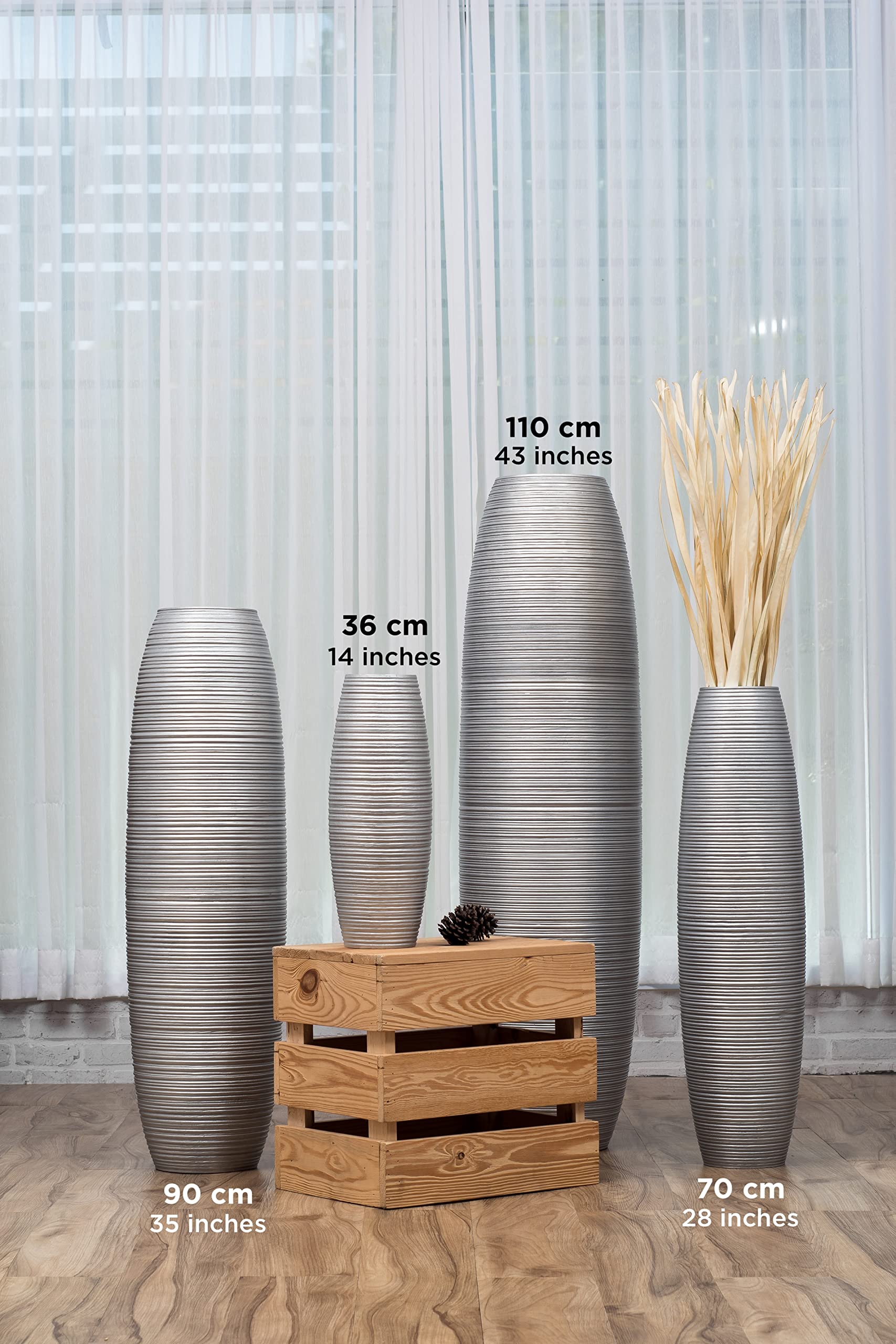 Leewadee 36 Inch Large Silver Floor Vase - Wooden Farmhouse Decor for Flowers, Fake Plants & Pampas Grass | Perfect for Living Room, Entryway & Wedding Decor