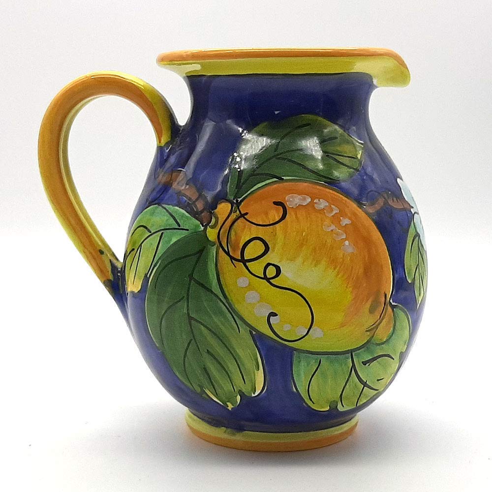 Italian Ceramic Pitcher 16oz - Hand Painted Lemon Blue Design Kitchen Carafe & Utensil Holder - Tuscan Pottery Wine Dispenser & Home Decor Vase - Perfect for Farmhouse Kitchens, Italian Restaurants & Gift Giving