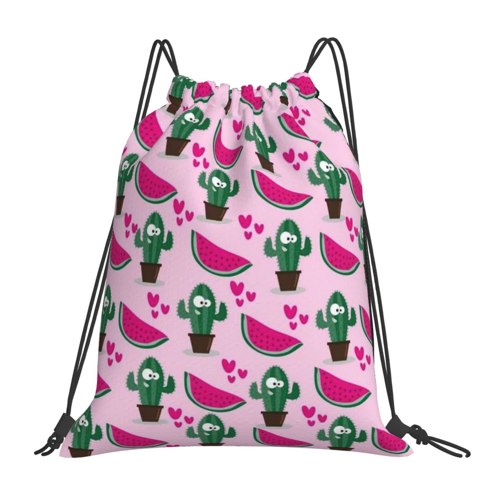 Cute Cactus & Watermelon Print Unisex Drawstring Backpack - Lightweight Polyester Gym Sack, Waterproof Sports Bag for Women & Men - Perfect for Gym, Travel, School & Outdoor Activities