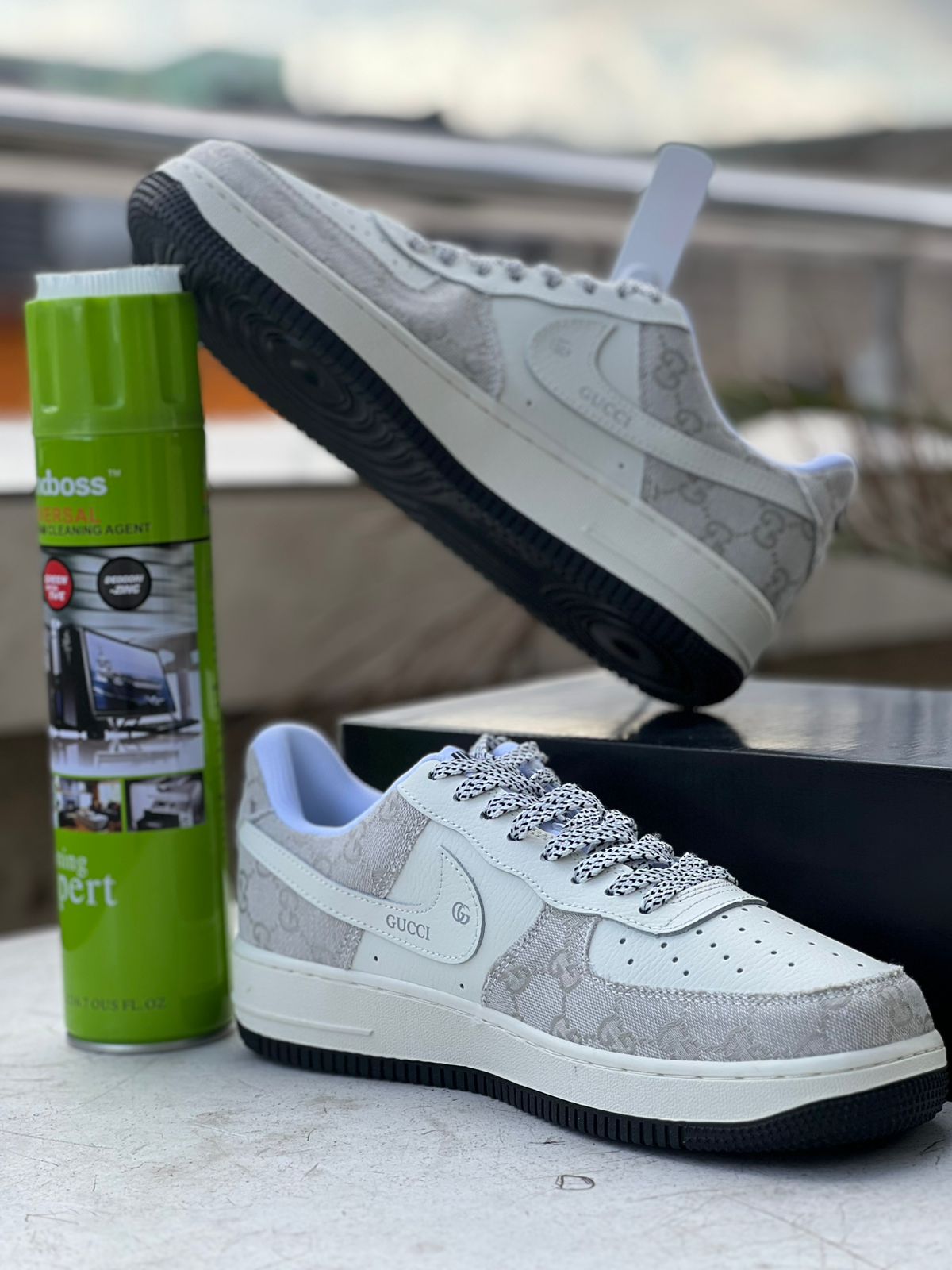 Custom Nike Air Force 1 Low Sneakers - Off White & Light Blue Gucci Collaboration - Perfect for Streetwear Fashion & Sneaker Collectors